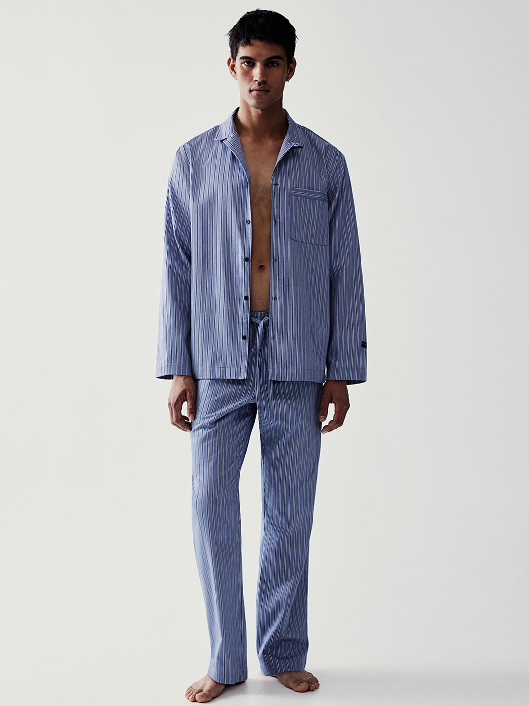 

H&M Men Striped Relaxed Fit Pure Cotton Night Suit, Blue