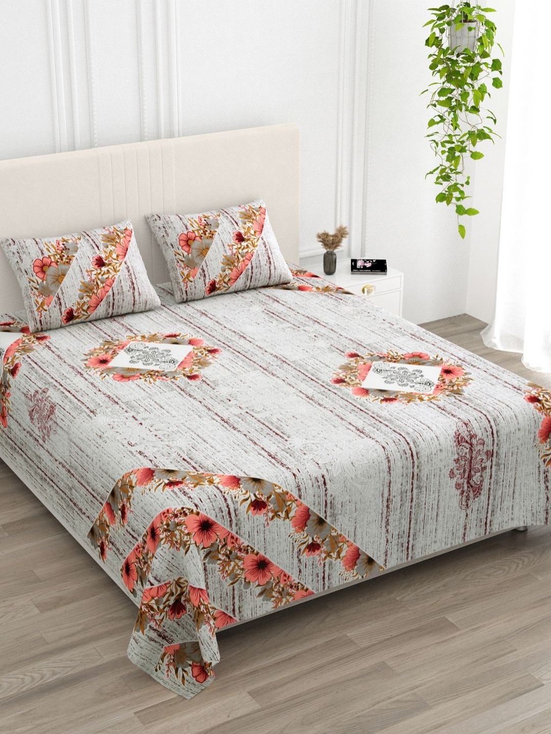 

Qfab Pink Floral 144 TC King Bedsheet with 2 Pillow Covers