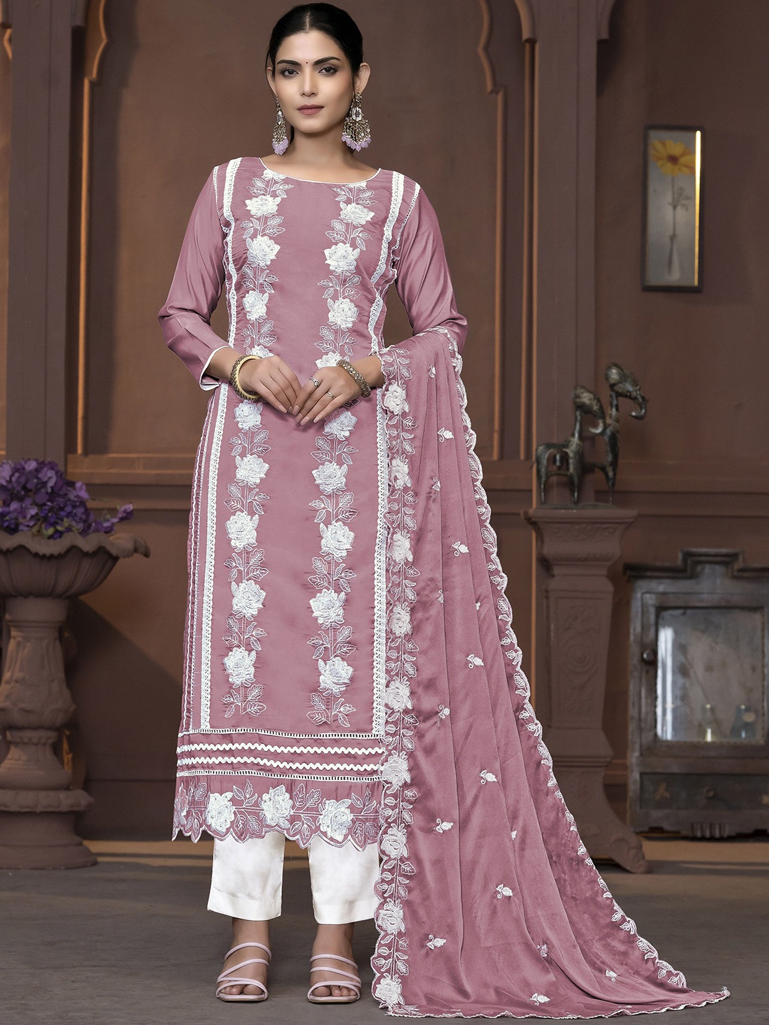 

MANVAA Floral Embroidered Unstitched Dress Material, Pink