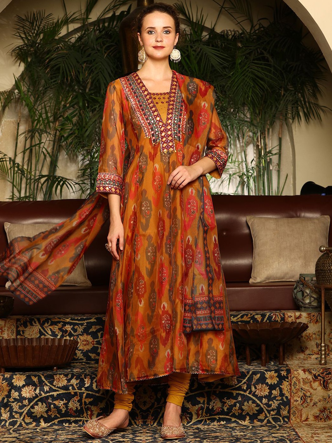 

W Women Ethnic Motifs Printed Regular Thread Work Kurta with Trousers & With Dupatta, Yellow