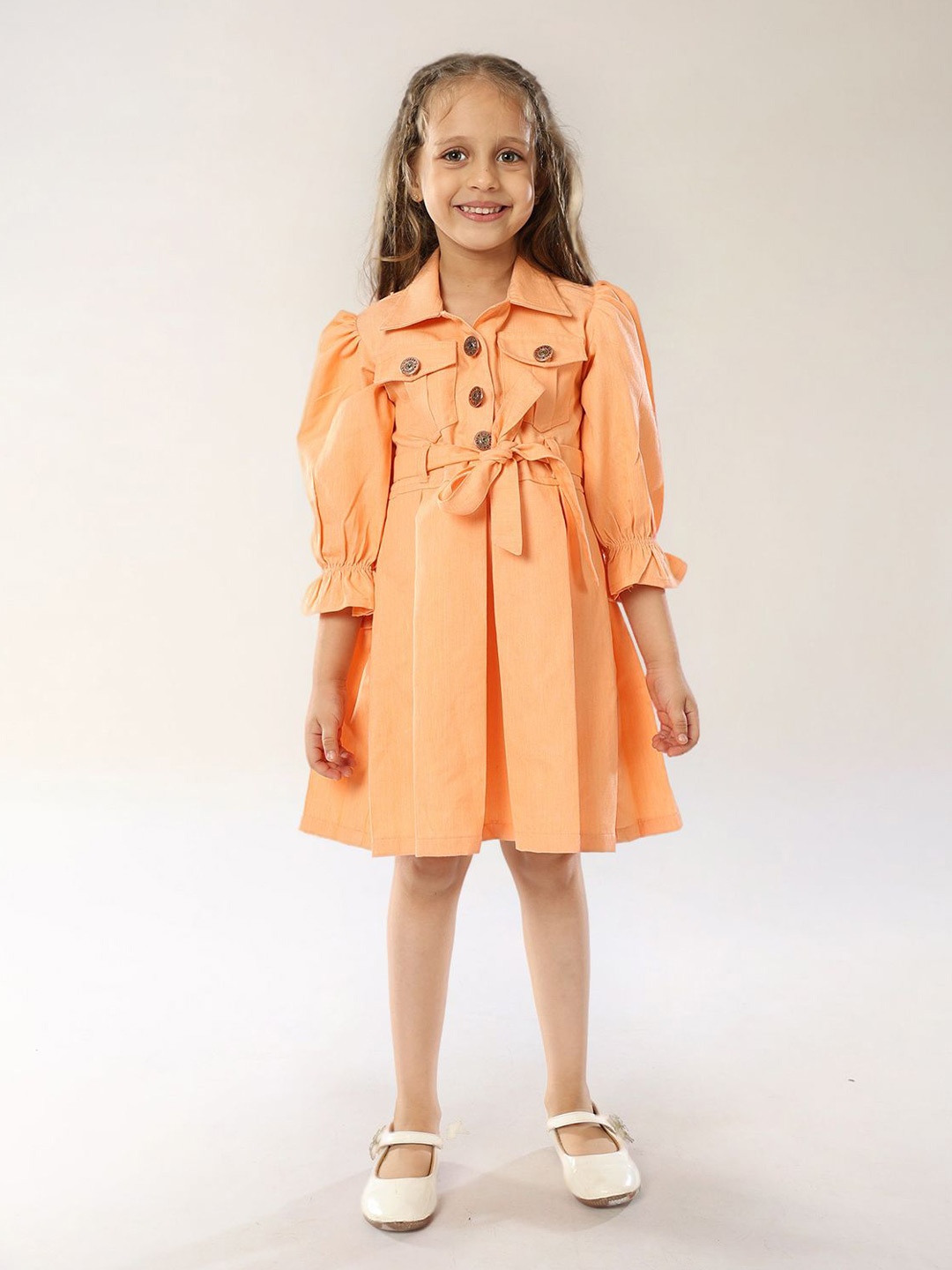 

BAESD Girls Shirt Collar Denim Fit and Flare Dress, Orange