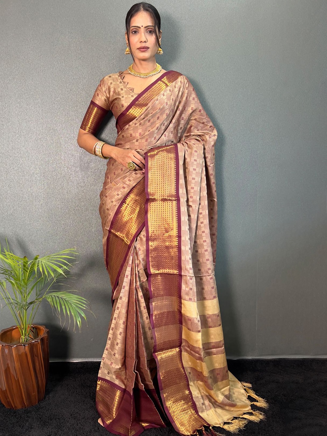 

KALINI Woven Design Zari Ready to Wear Mysore Silk Saree, Brown