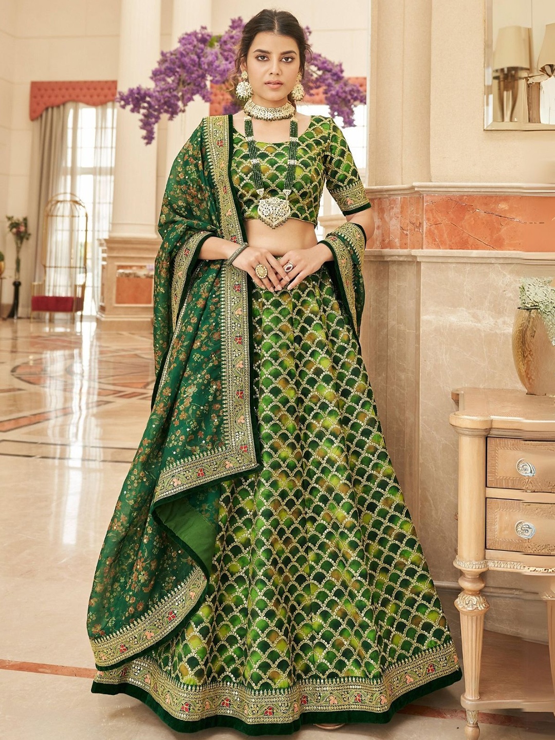

ODETTE Embroidered Semi Stitched Lehenga & Blouse With Dupatta, Green