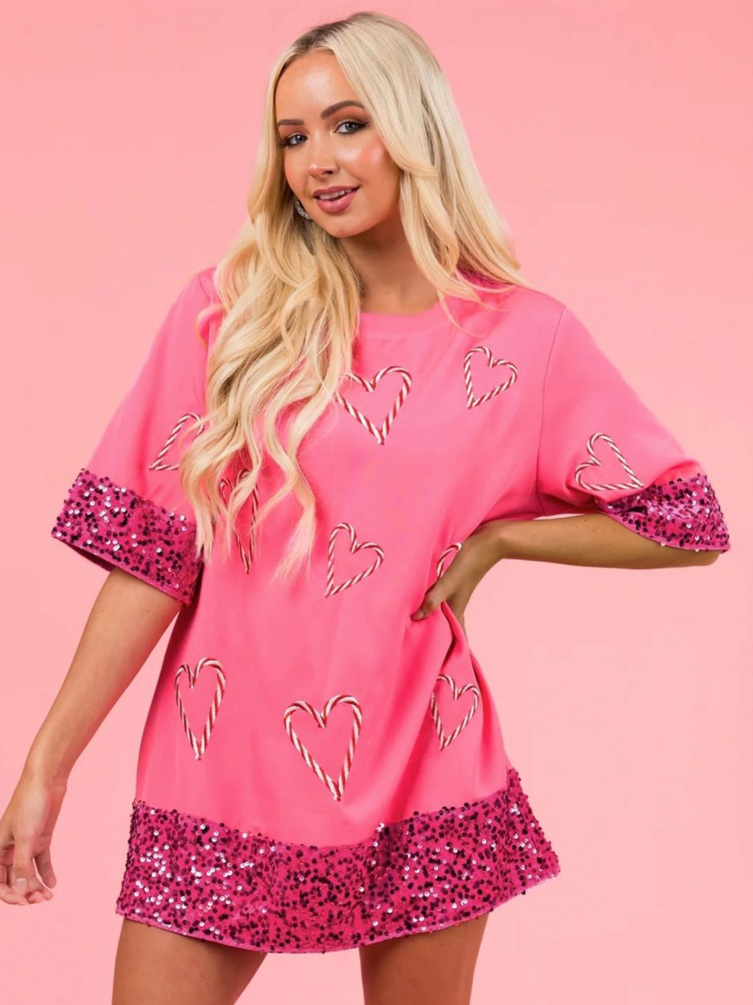 

KPOP Women's Round Neck Short Sleeves Above Knee Solid A-Line Dress, Pink