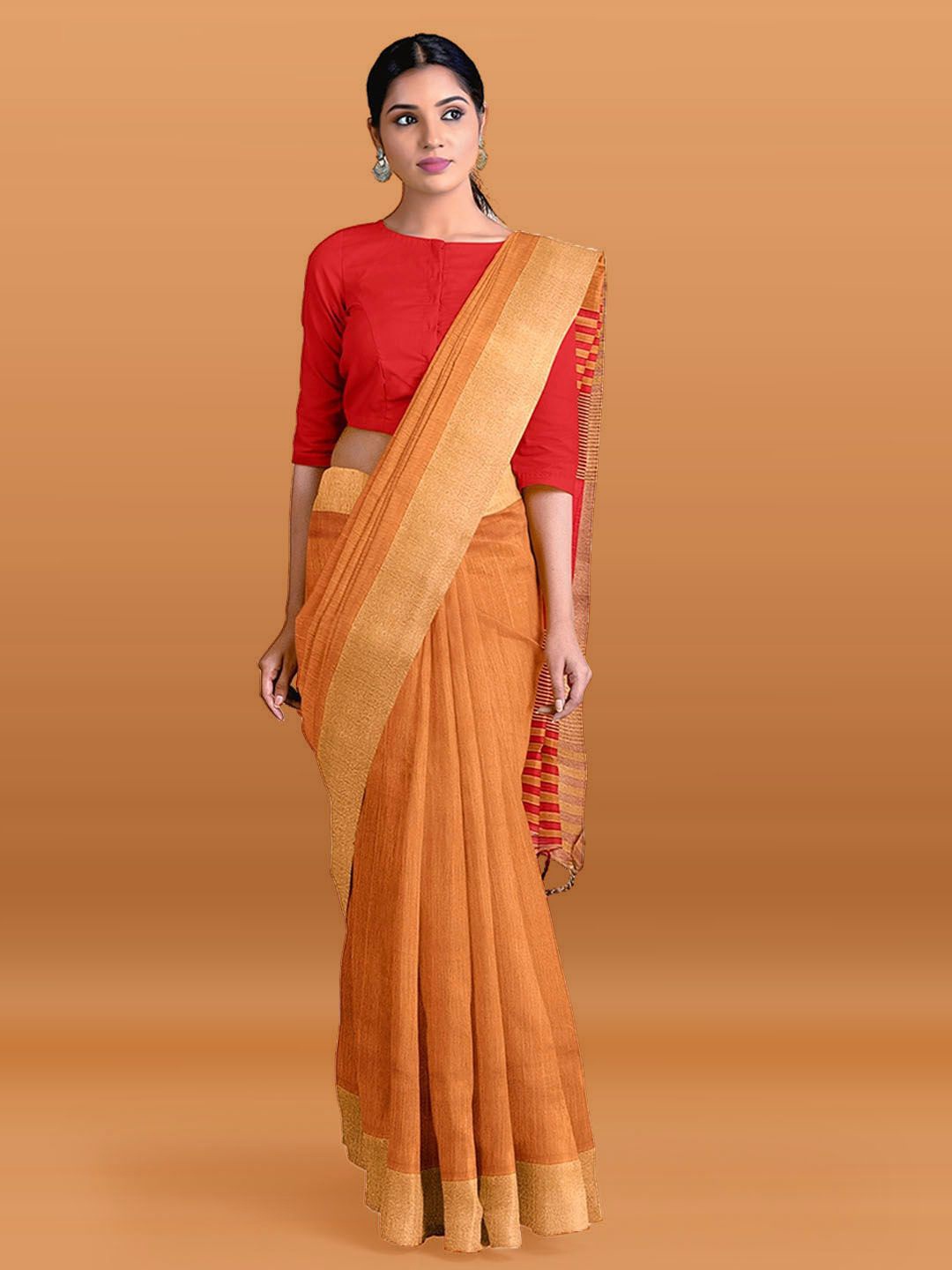 

Meena Bazaar Striped Zari Border Solid Saree, Orange