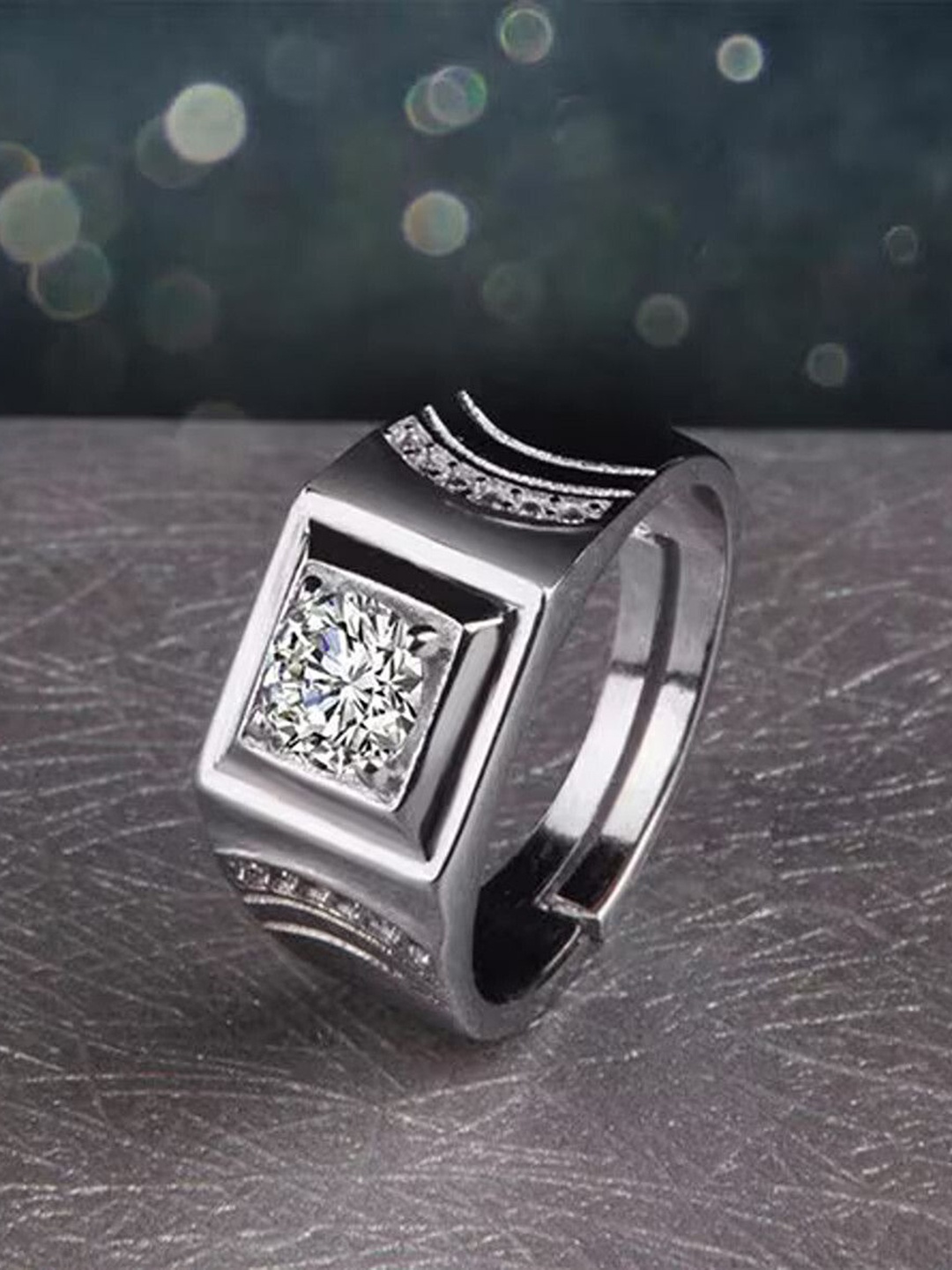 

Heer Collection Silver-Plated AD-Solitaire Studded Adjustable Finger Ring