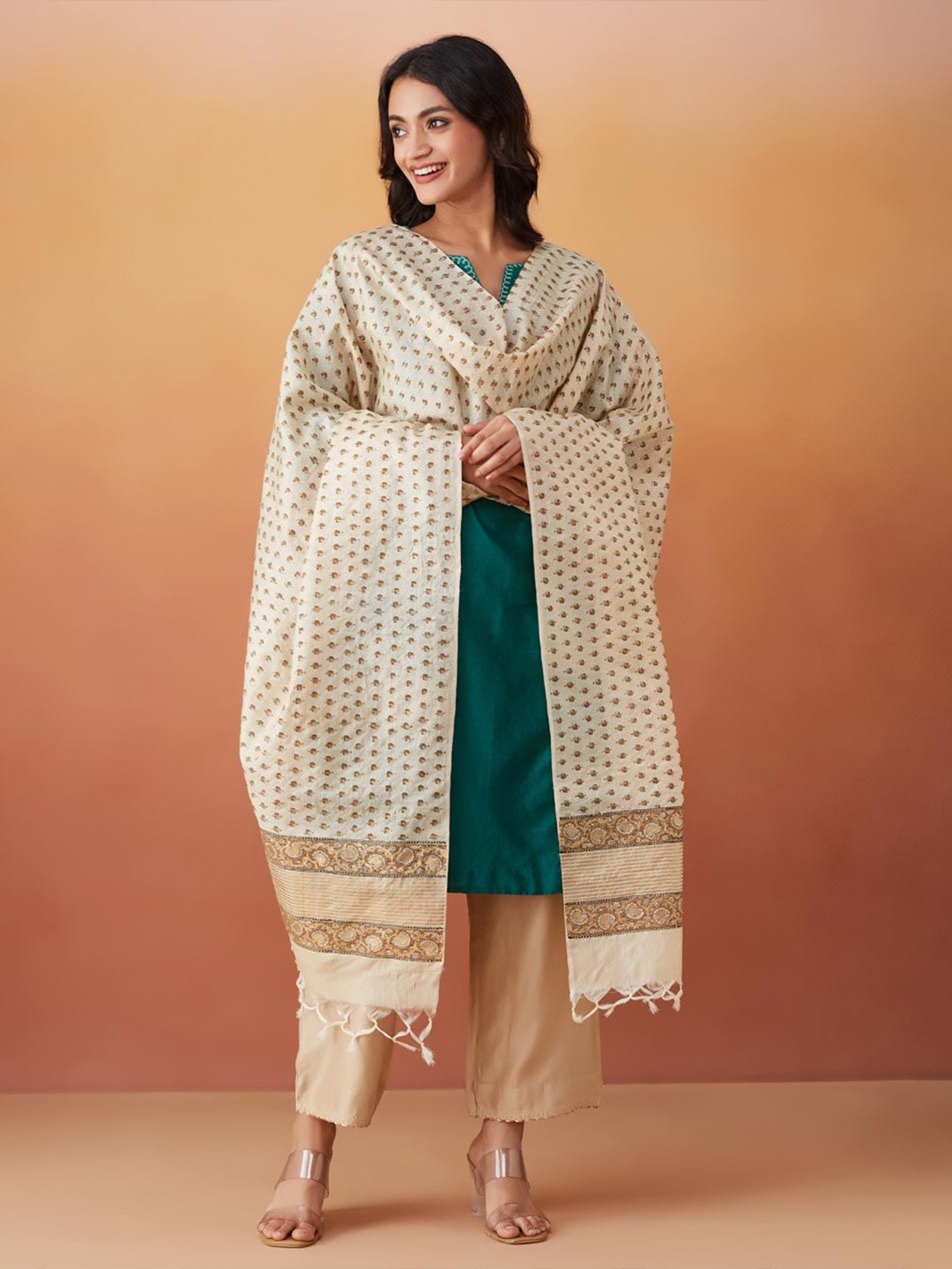 

Fabindia Silk Hand Block Printed Dupatta, Beige