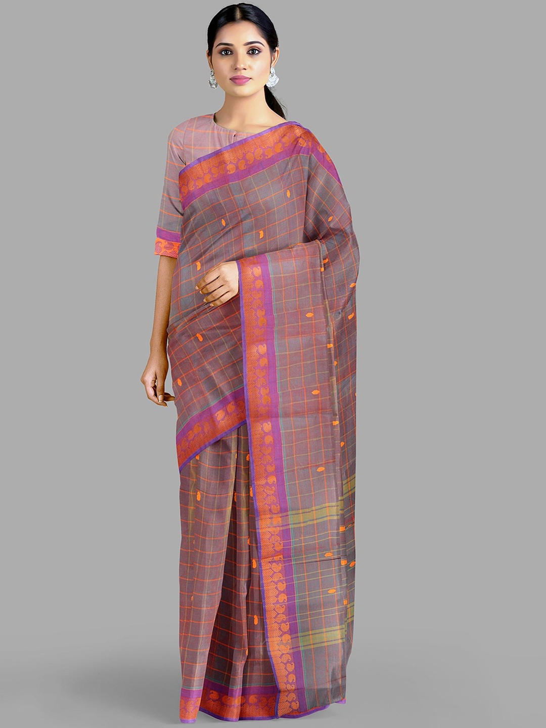 

The Chennai Silks Checked Woven Design Zari Pure Cotton Chettinad Saree, Purple