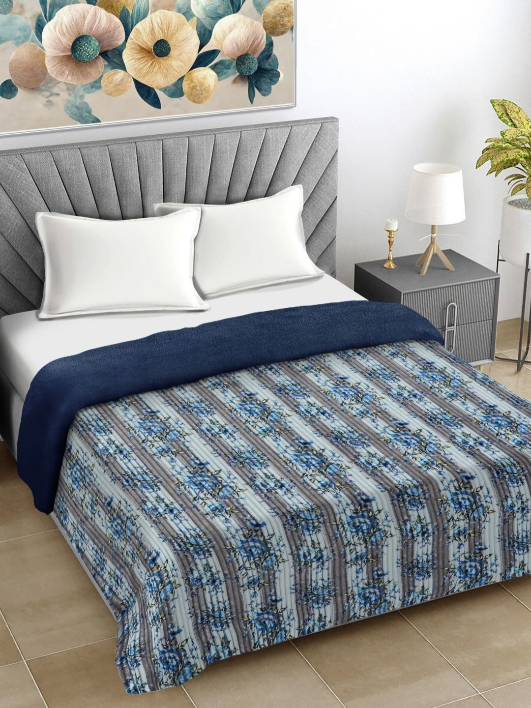 

FABINALIV Grey & Blue Floral Woollen Mild Winter 400 GSM Double Bed Comforter