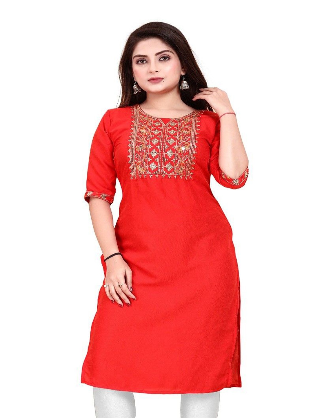 

AKK ENTERPRISE Yoke Embrodoiry Straight Kurtas, Red