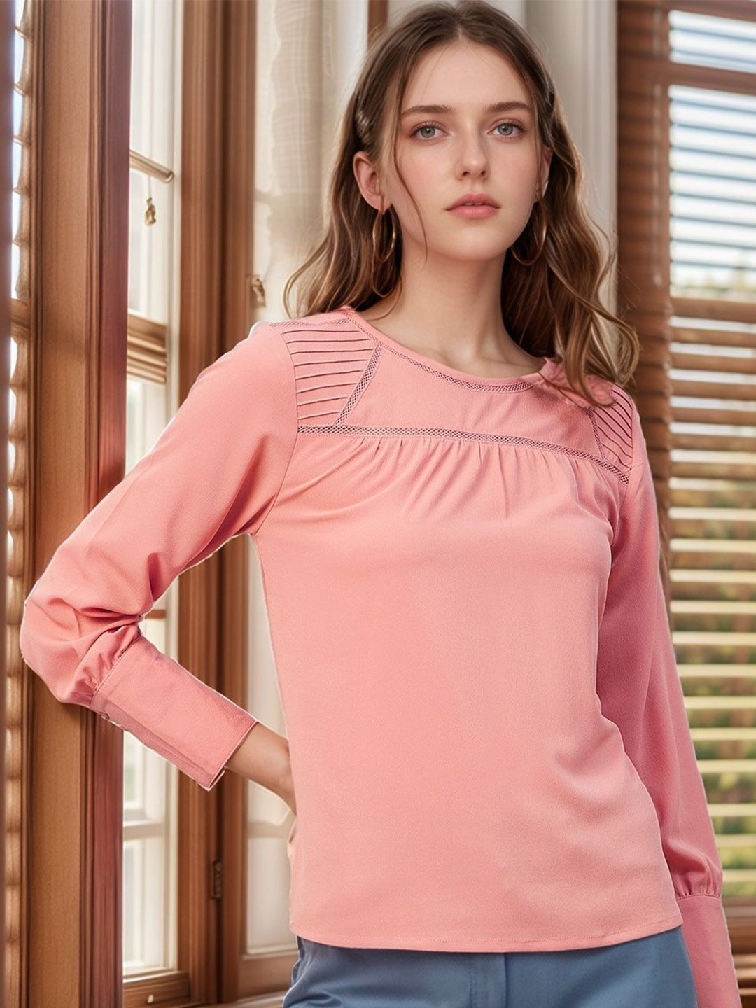 

RARE Women Solid Round Neck Top, Peach