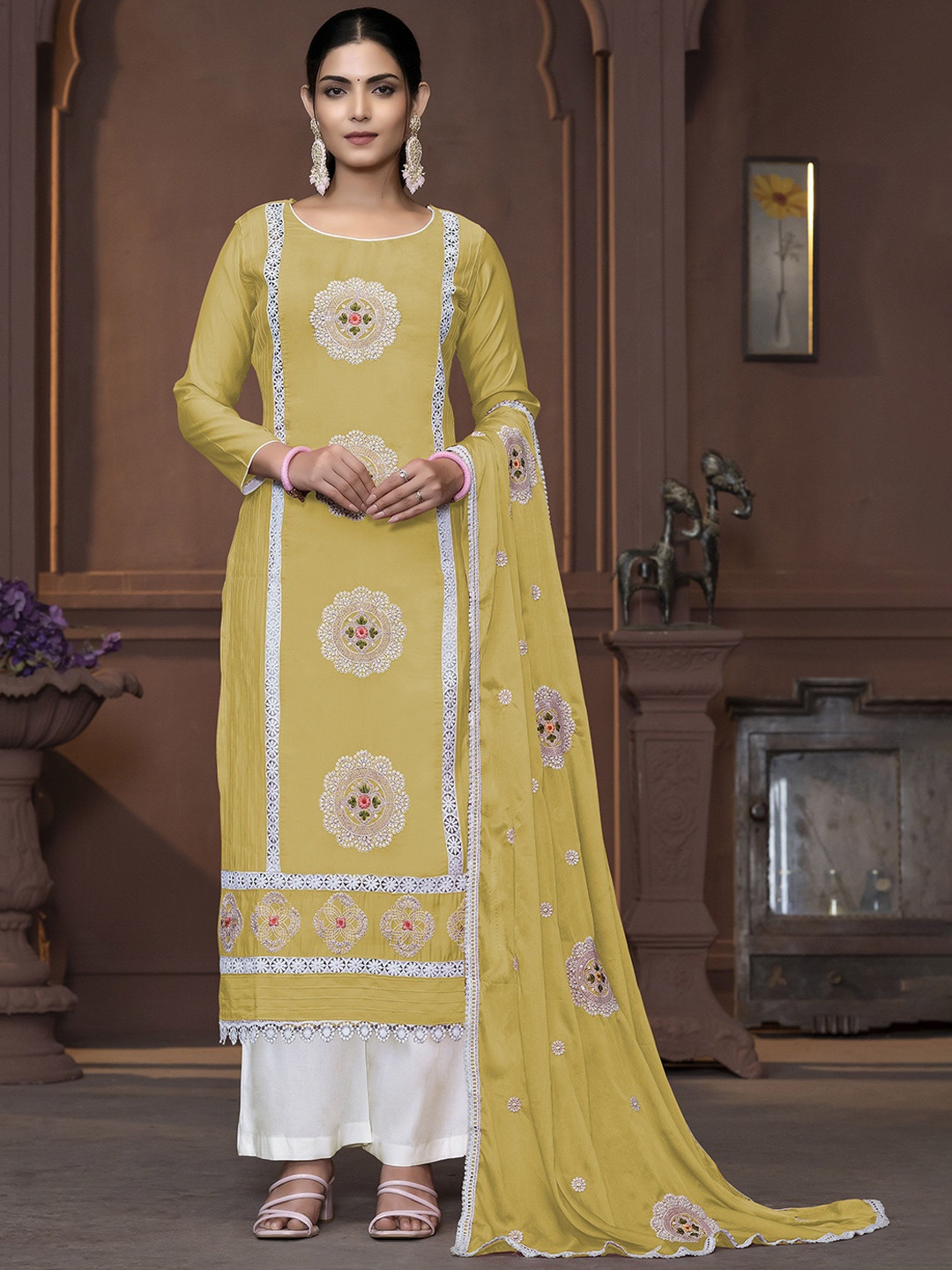 

MANVAA Floal Embroidered Unstitched Dress Material, Yellow