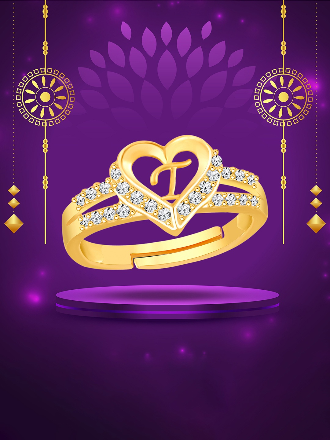 

Heer Collection Unisex Gold-Plated AD Stone Studded Alphabet T Adjustable Finger Ring