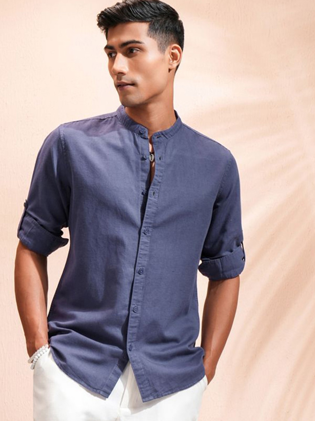 

LOCOMOTIVE Premium Men Cotton Linen Solid Mandarine Collar Roll-Up Sleeve Casual Shirt, Blue