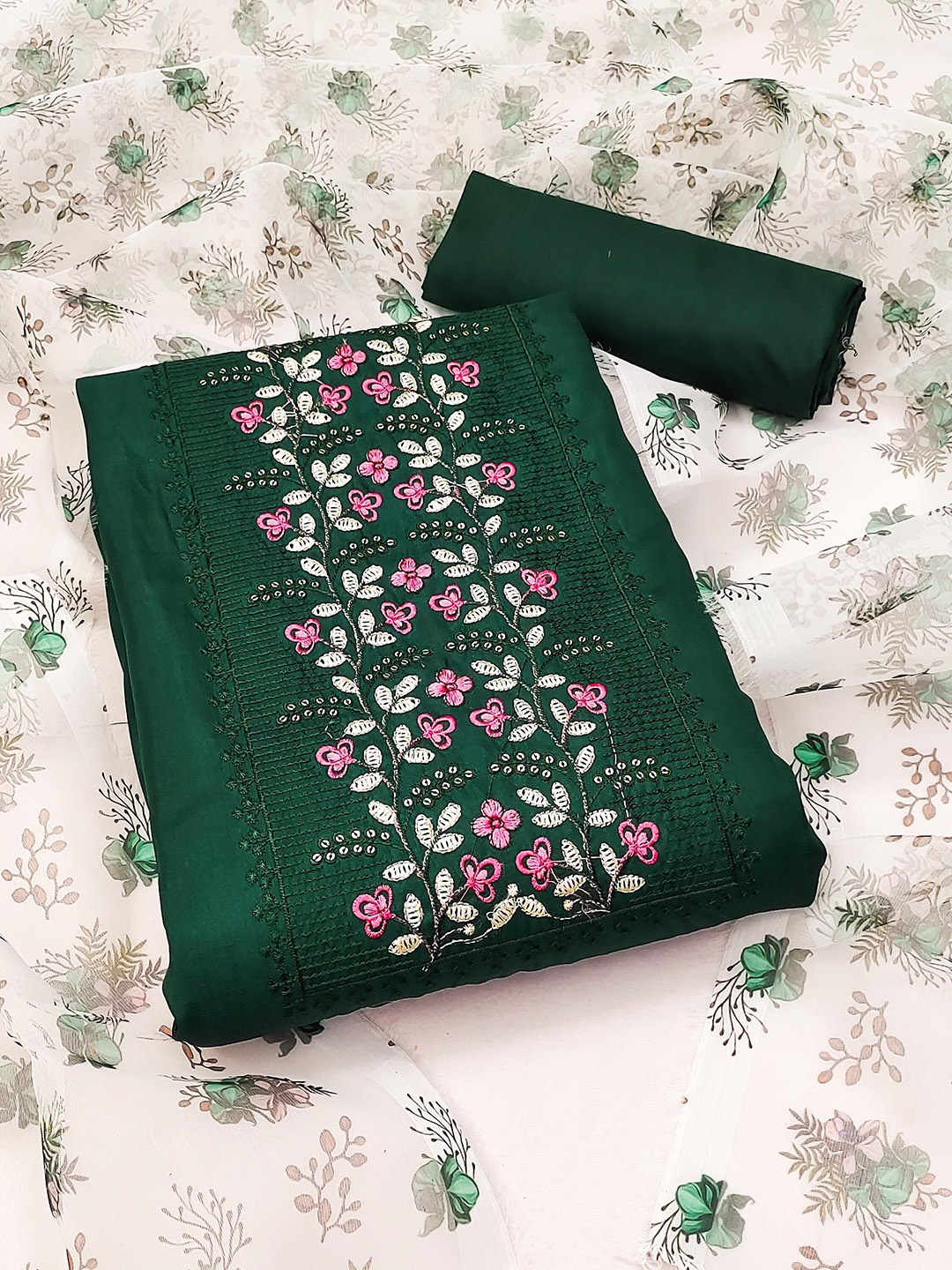 

KALINI Floral Embroidered Sequinned Pure Cotton Unstitched Dress Material, Green