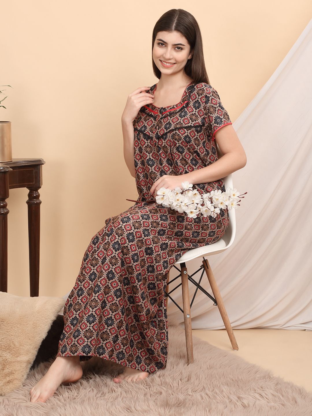 

Sweet Dreams Women Printed Maxi Nightdress, Brown