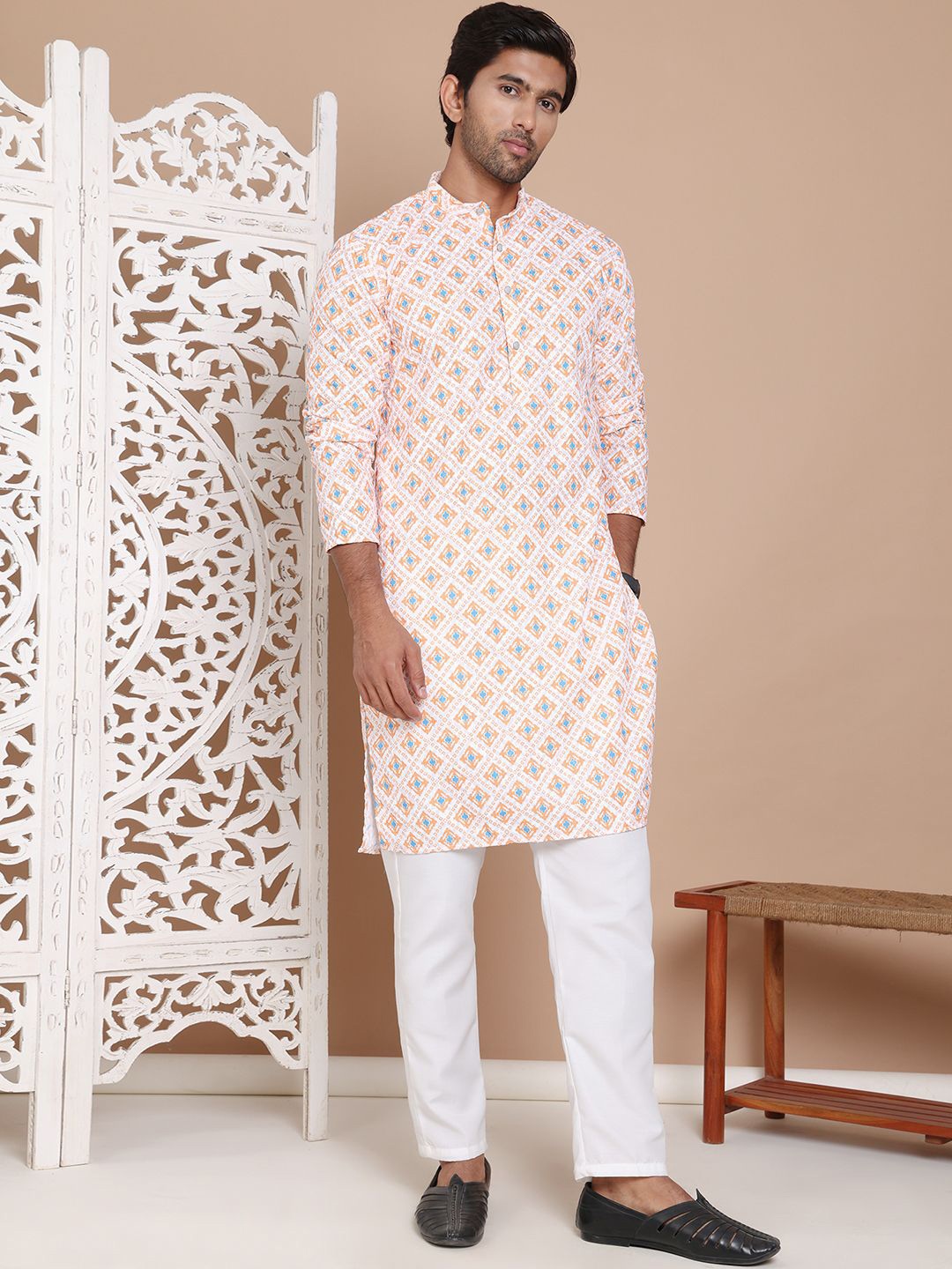 

Jompers Men Printed Regular Chikankari Pure Cotton Kurta with Pyjamas, Orange