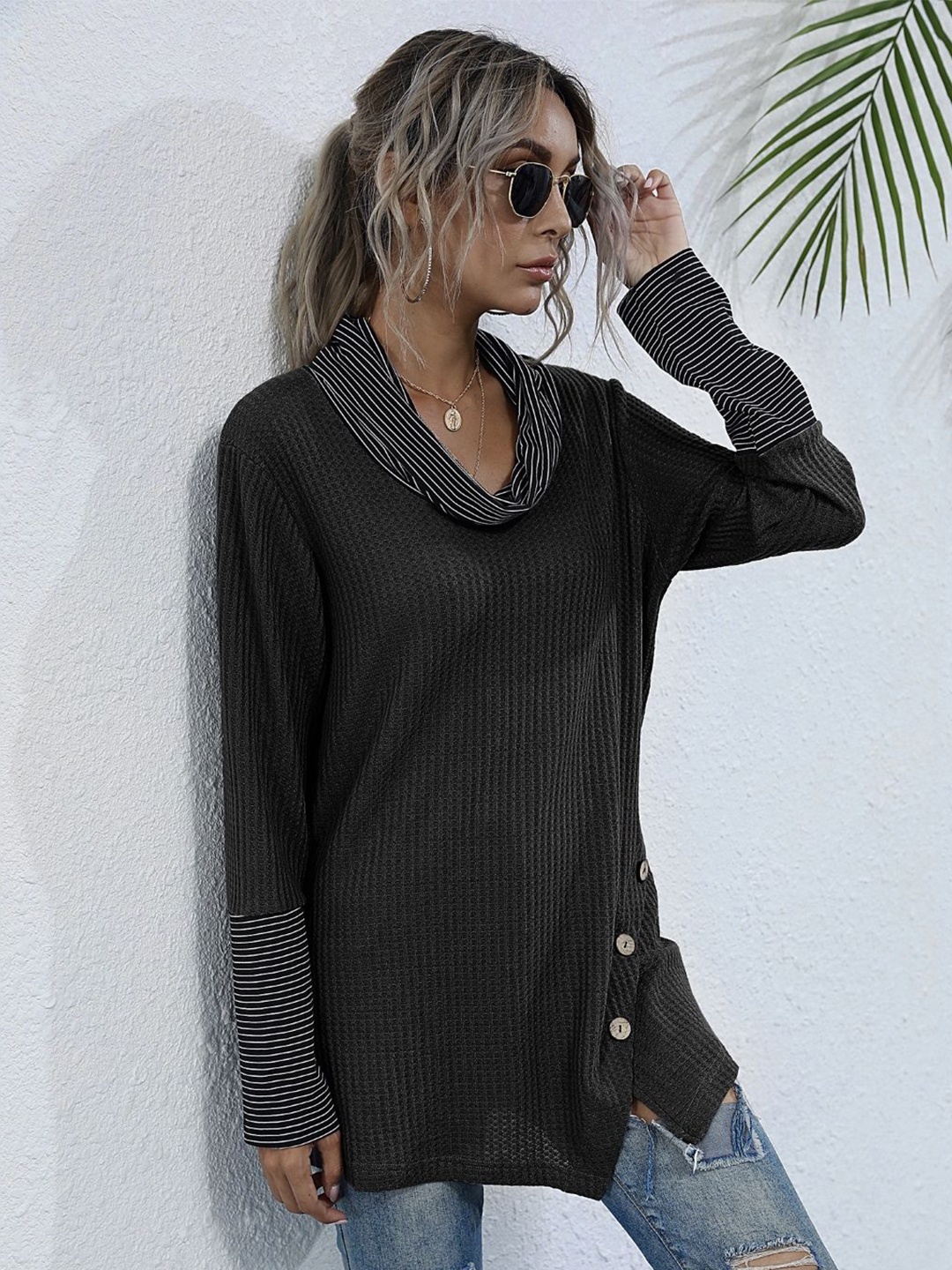 

KPOP Women Cable Knit Pullover, Black