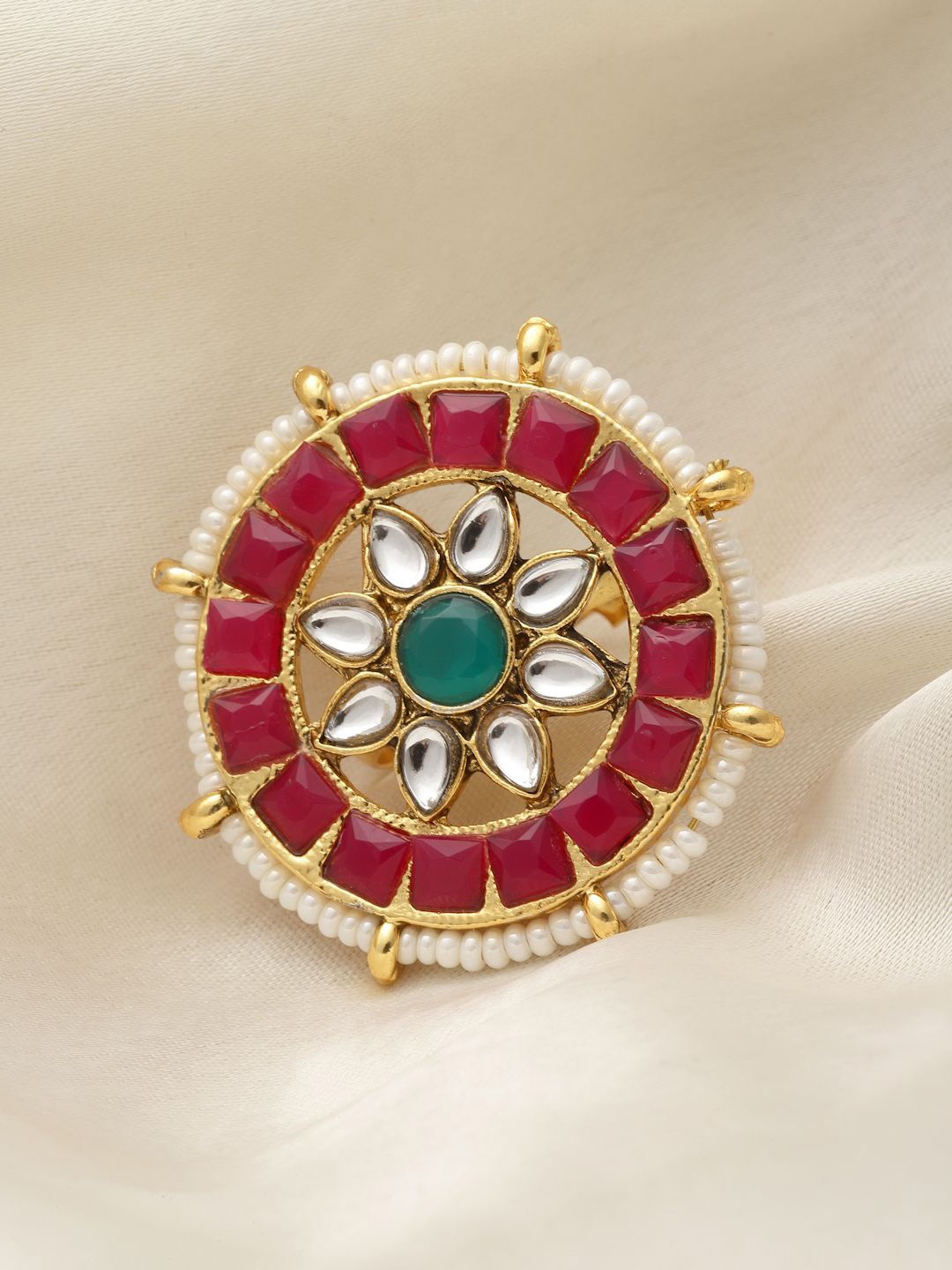 

Anouk Gold-Plated Kundan- Sone Studded & Beaded Adjustable Finger Ring