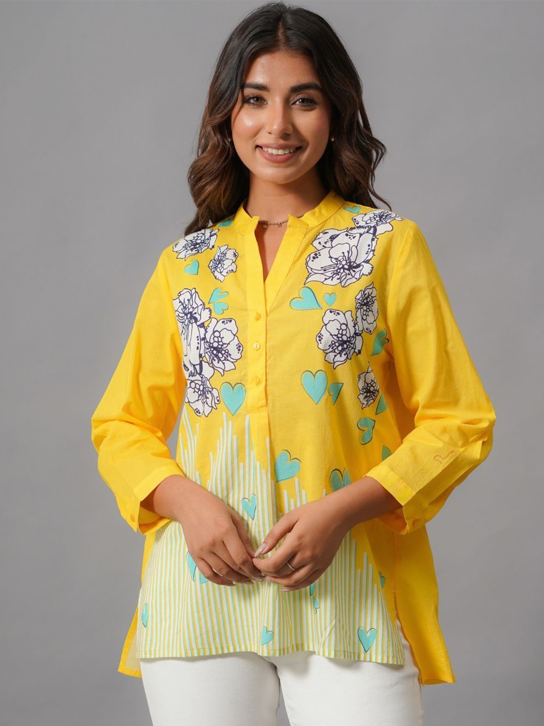 

Zolo Label Women Floral Printed Mandarin Collar Cotton Top, Yellow