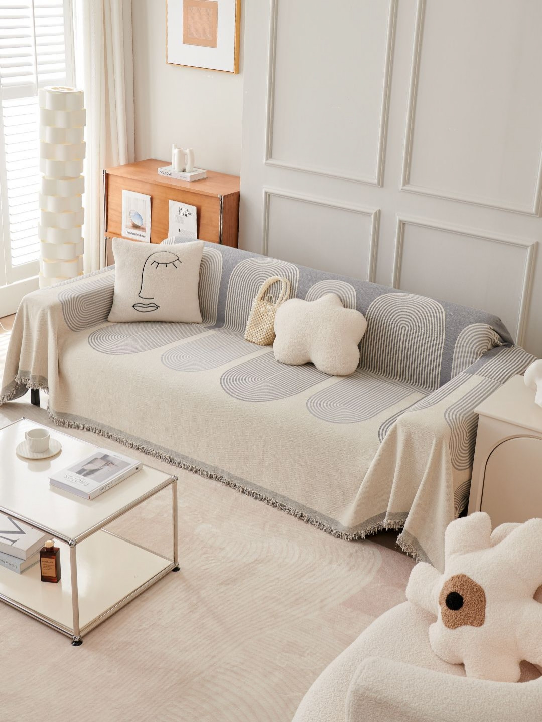 

HOKIPO Grey & Cream-Coloured Other 1 Piece Sofa Cover With Arms