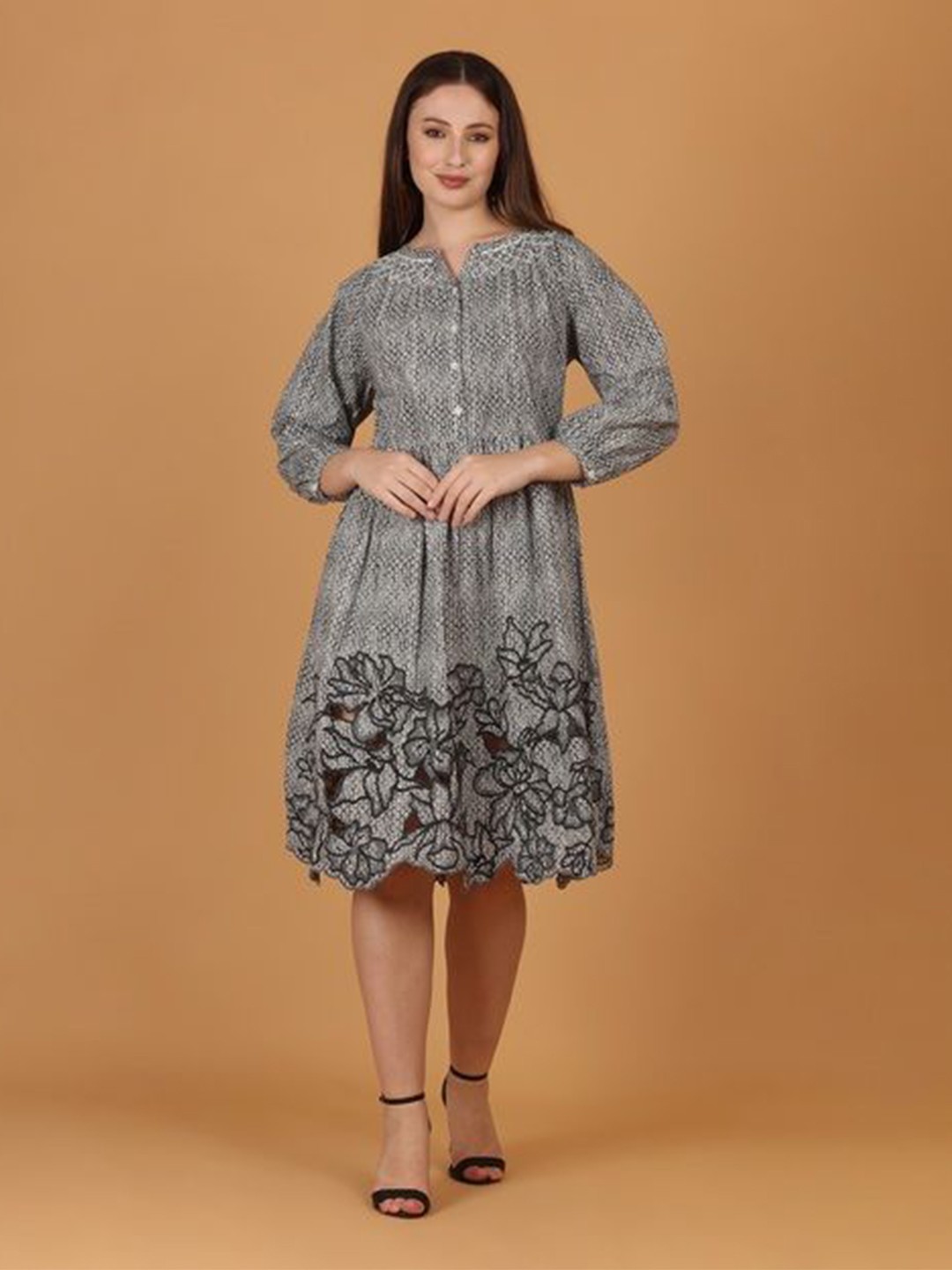 

Nyaro Print Organic Cotton Fit & Flare Dress, Black