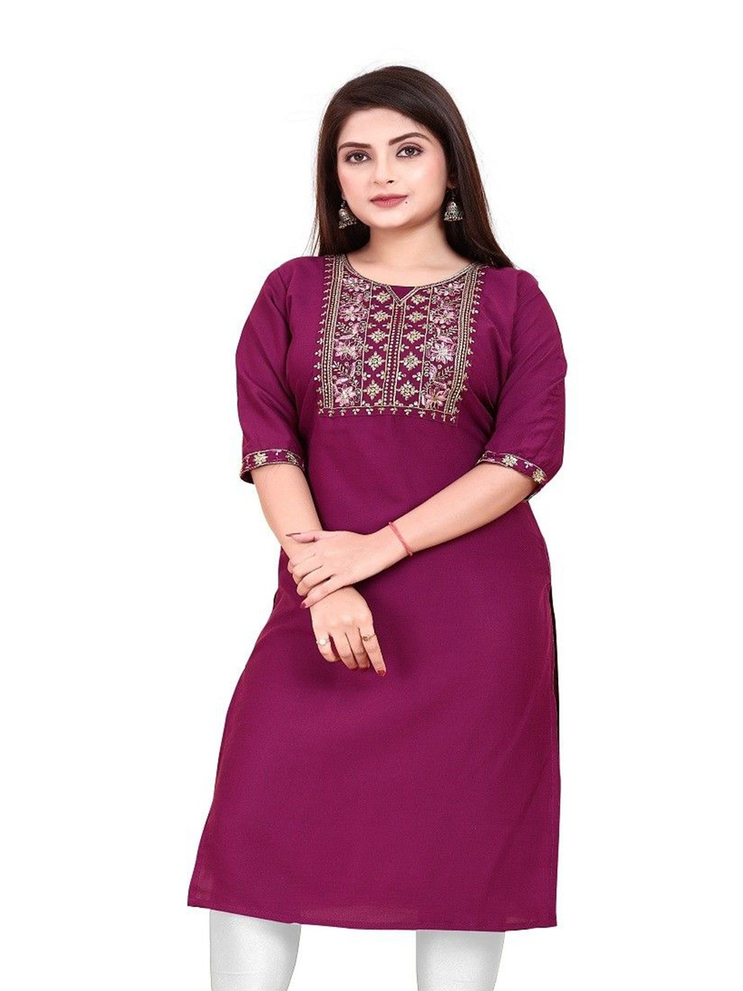 

AKK ENTERPRISE Sequinned Embellished Round Neck Straight Kurta, Purple