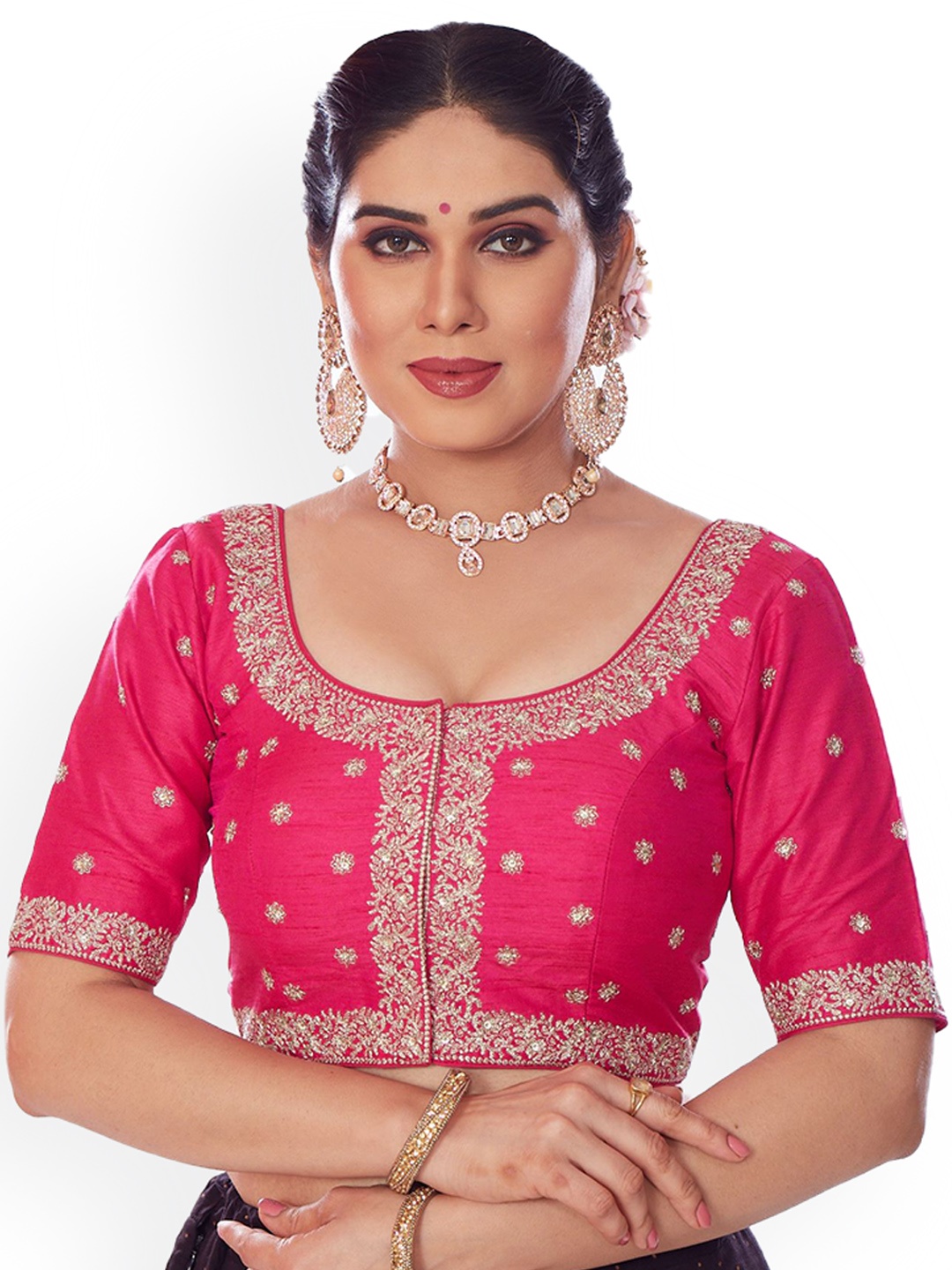 

Mmore Embroidered Padded Saree Blouse, Purple