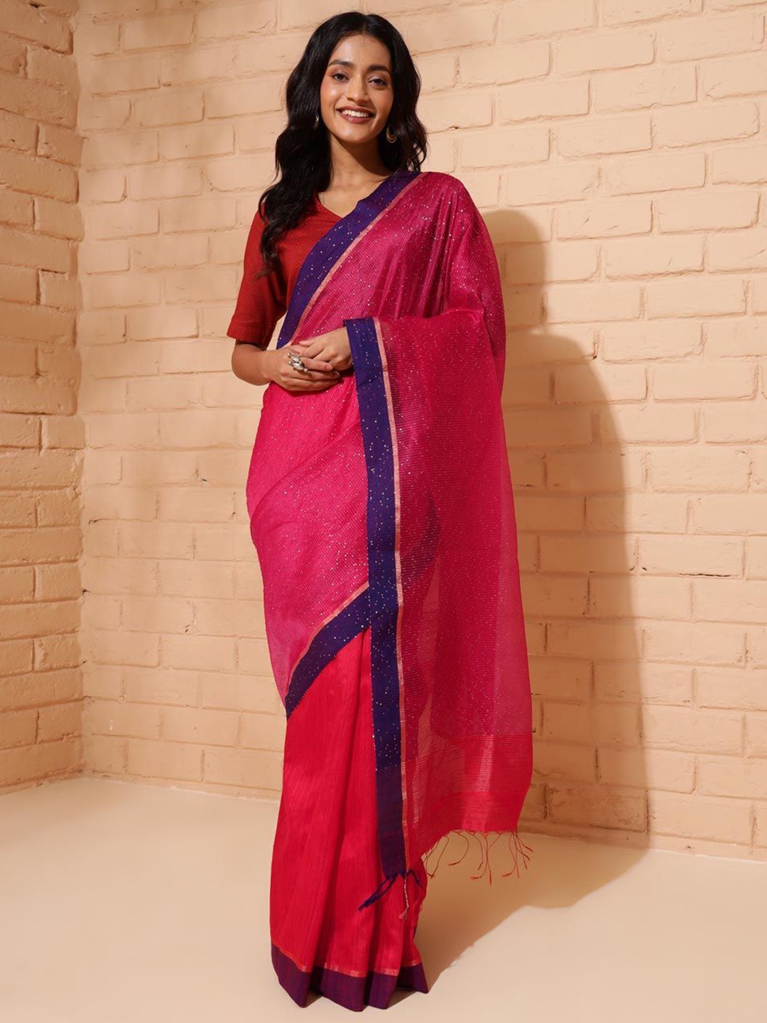

Fabindia Embellished Sequinned Pure Silk Saree, Pink