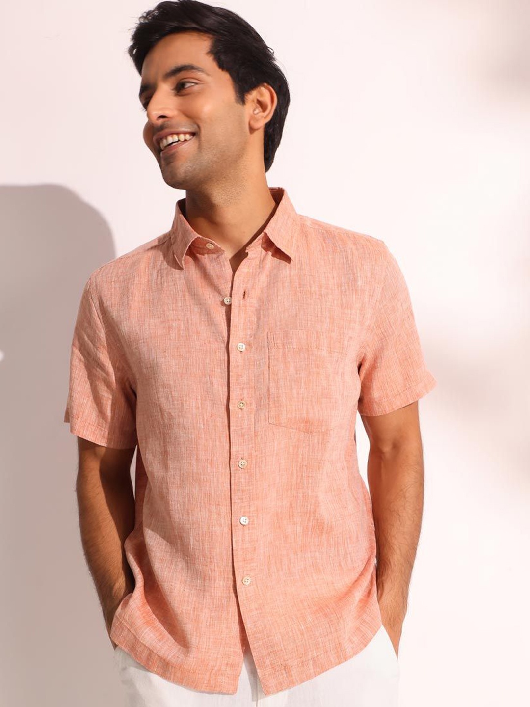 

Fabindia Men Spread Collar Solid Linen Casual Shirt, Orange