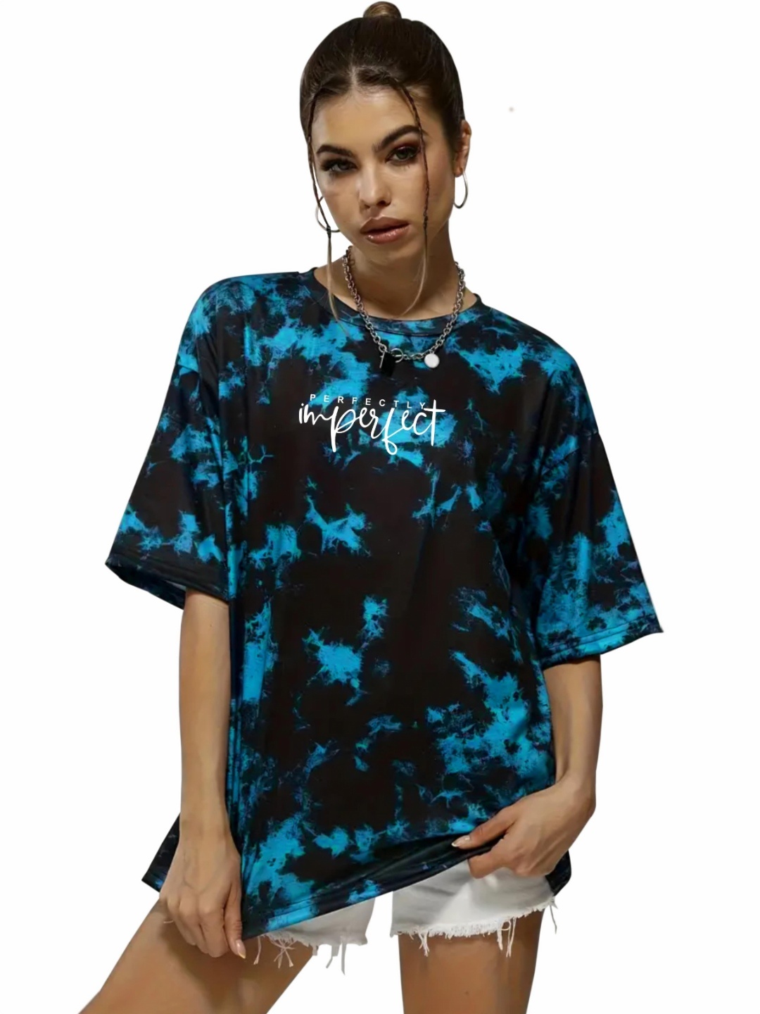

London Hills Women Tie and Dye Dyed Drop-Shoulder Sleeves T-shirt, Blue
