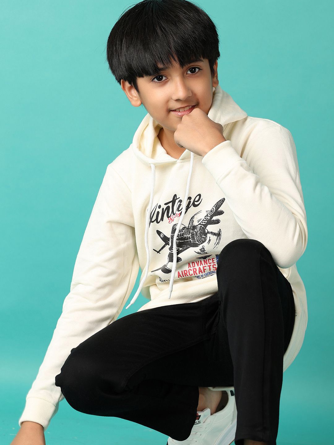 

V-Mart Boys Graphic Printed Hood Cotton Pullover Sweatshirt, Off white