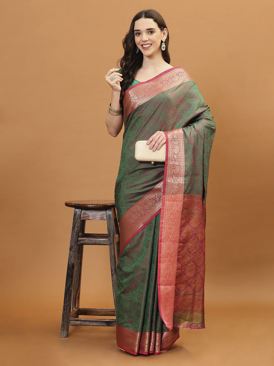 

Meena Bazaar Woven Design Saree With Zari Border, Green