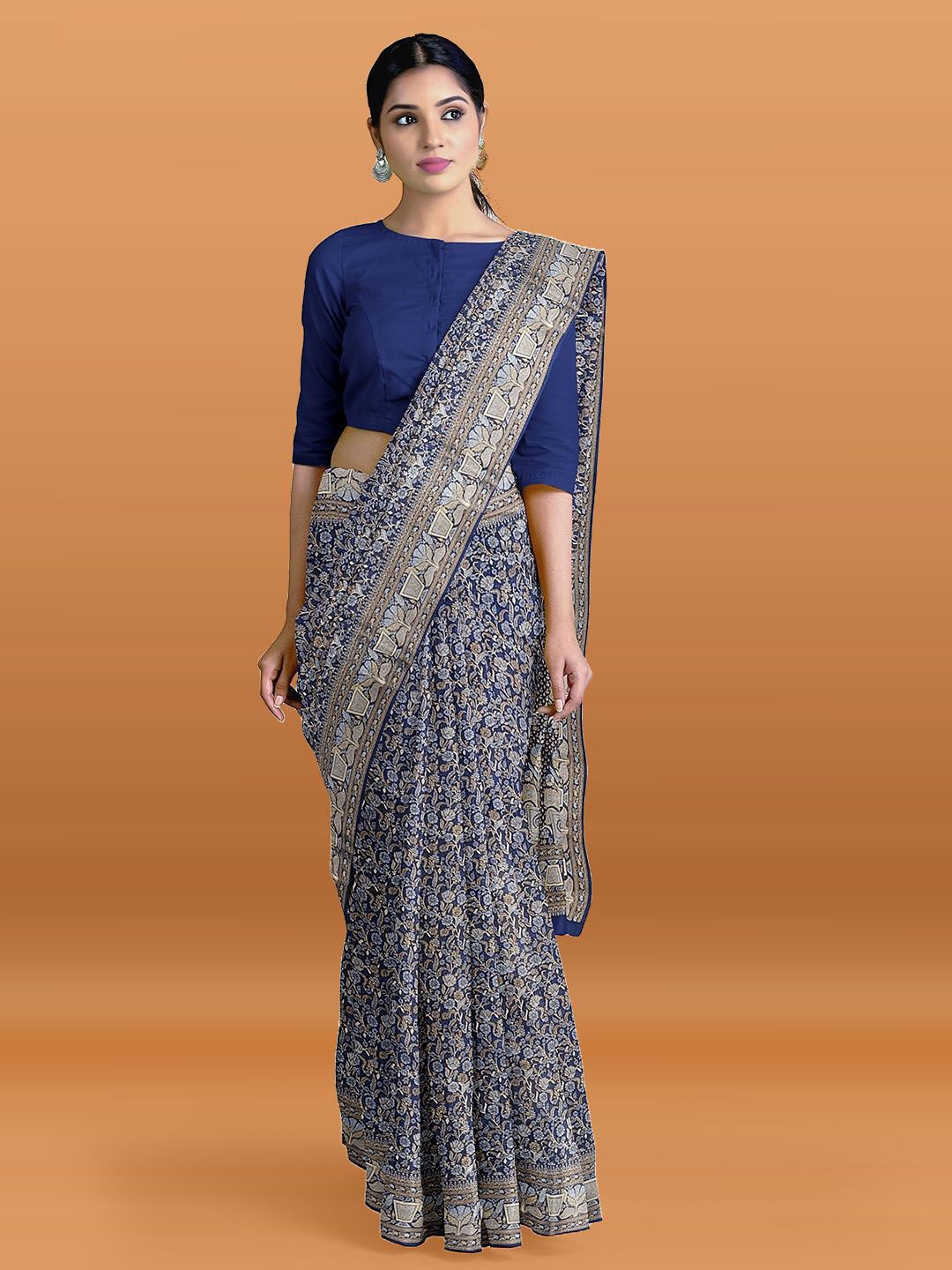 

Meena Bazaar Floral Printed Saree With Printed Border, Navy blue