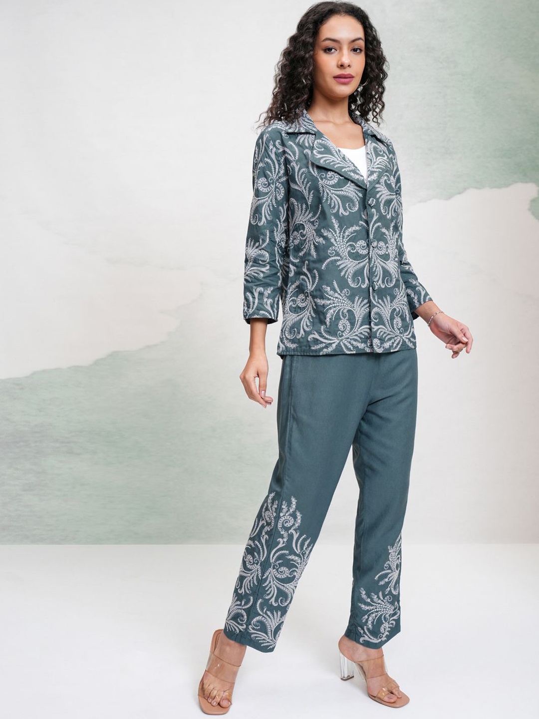 

Vishudh Embroidered Notched Lapel Collar Jacket With Trouser, Blue