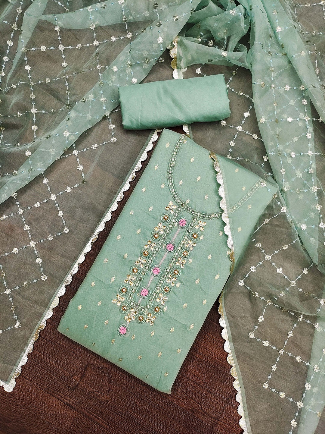 

Maroosh Floral Embellished Beads and Stones Organza Unstitched Dress Material, Sea green