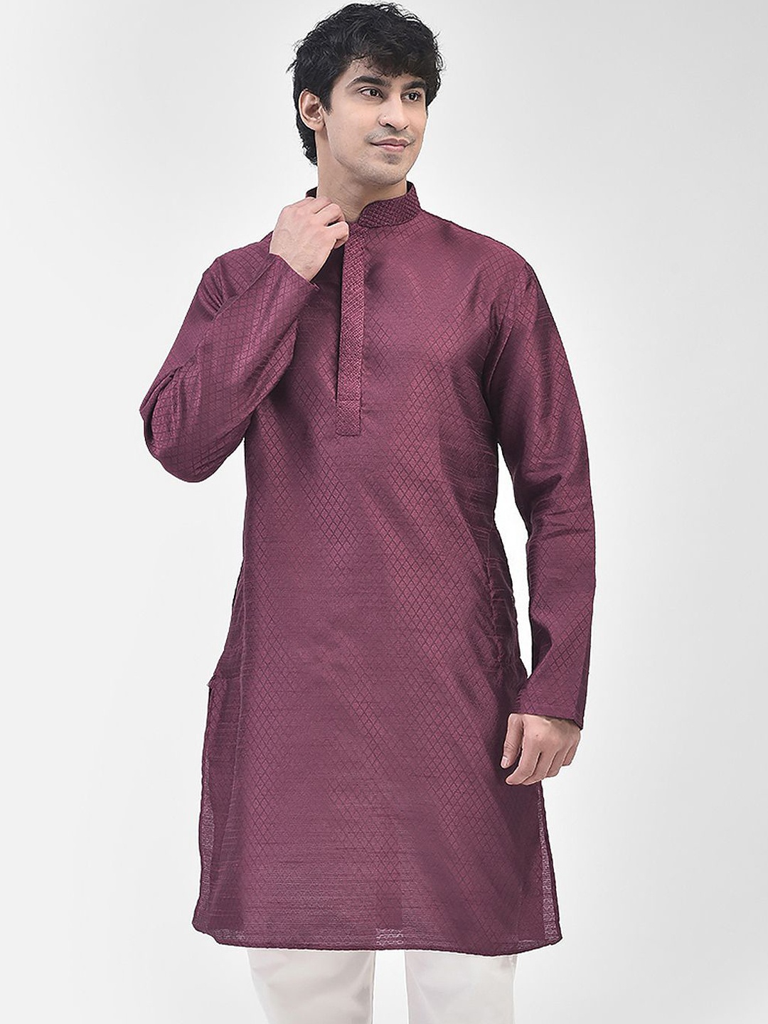 

SG LEMAN Ethnic Motifs Woven Design Thread Work Mandarin Collar Jacquard Kurta, Purple