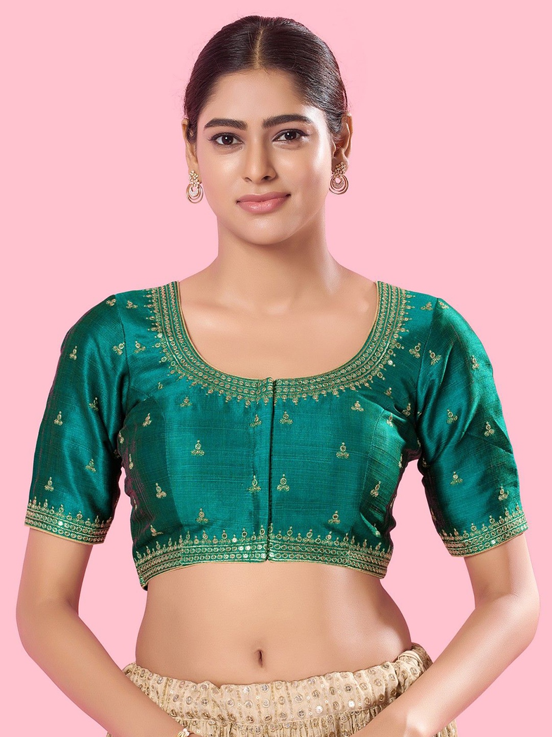 

Mmore Embroidered Padded Silk Saree Blouse, Green