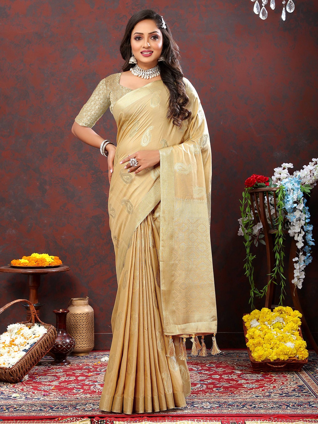 

Zeekha Woven Design Zari Pure Silk Kanjeevaram Saree, Gold