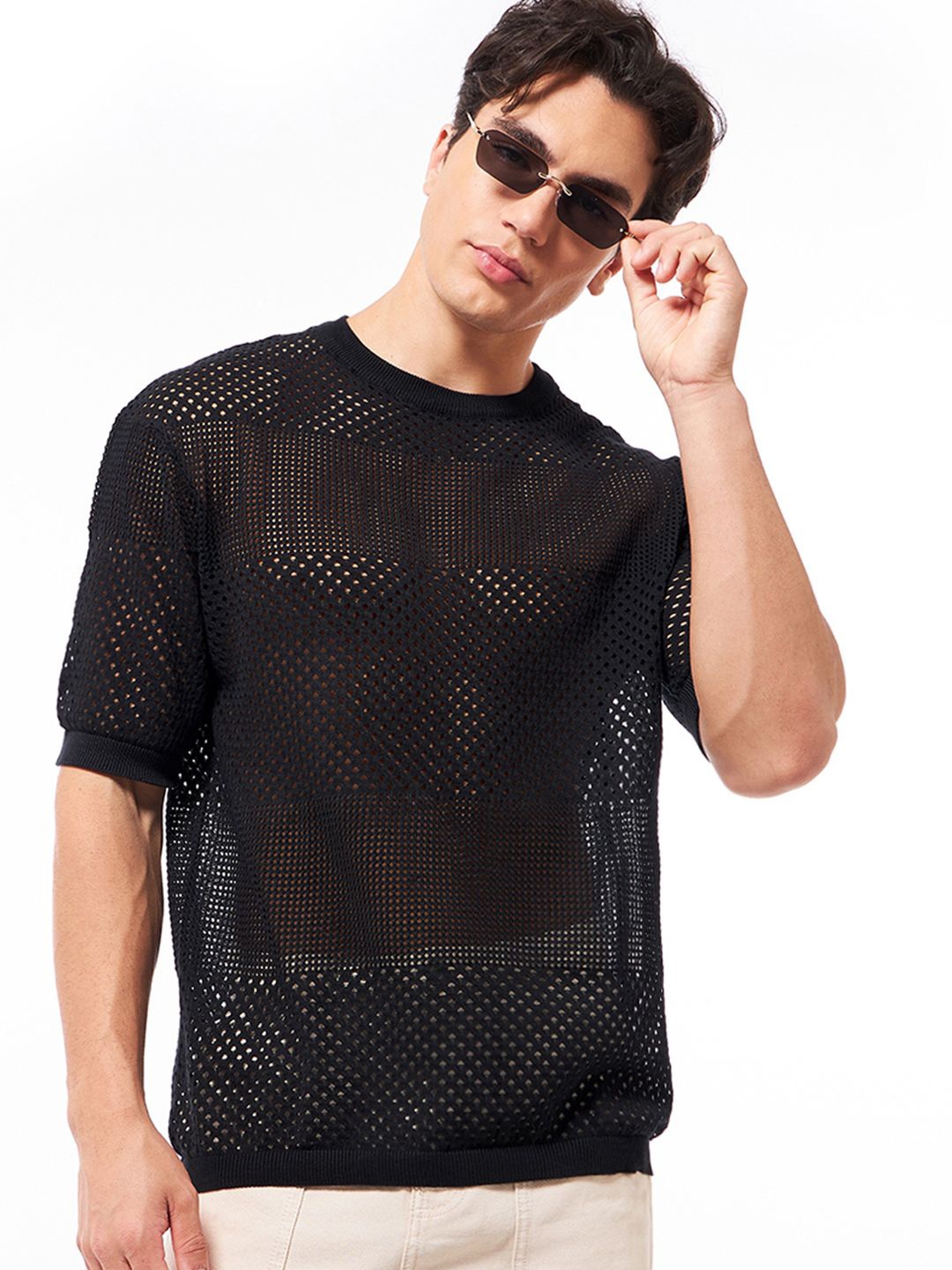 

Bewakoof Men's Black Oversized Flatknit T-shirt