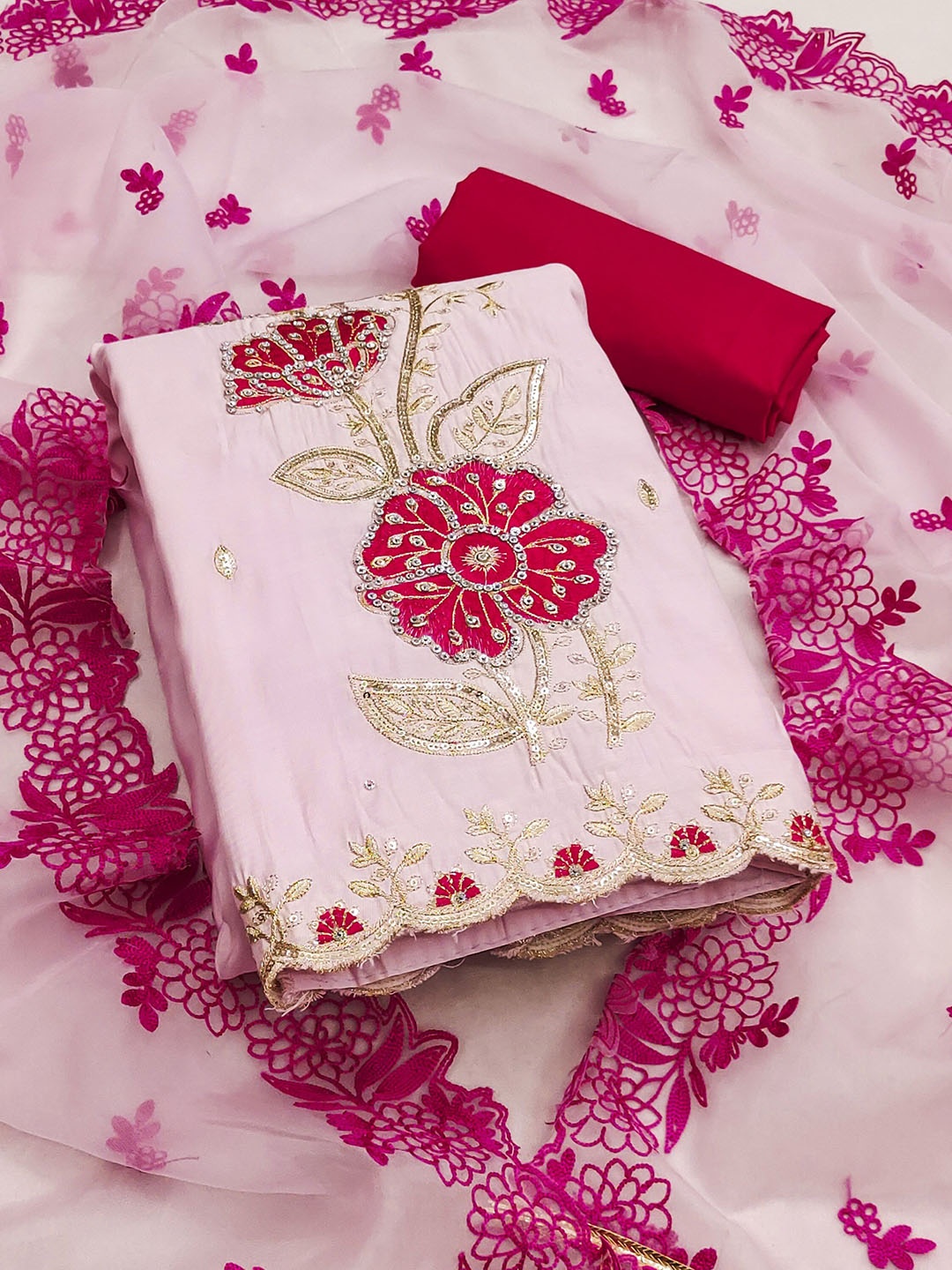

Maroosh Floral Embroidered Sequinned Unstitched Dress Material, Pink