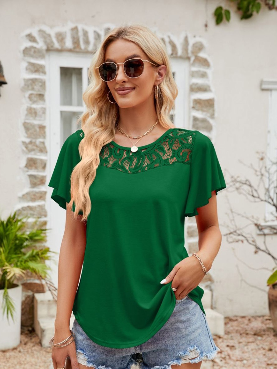 

KPOP Women Solid Round Neck Top, Green