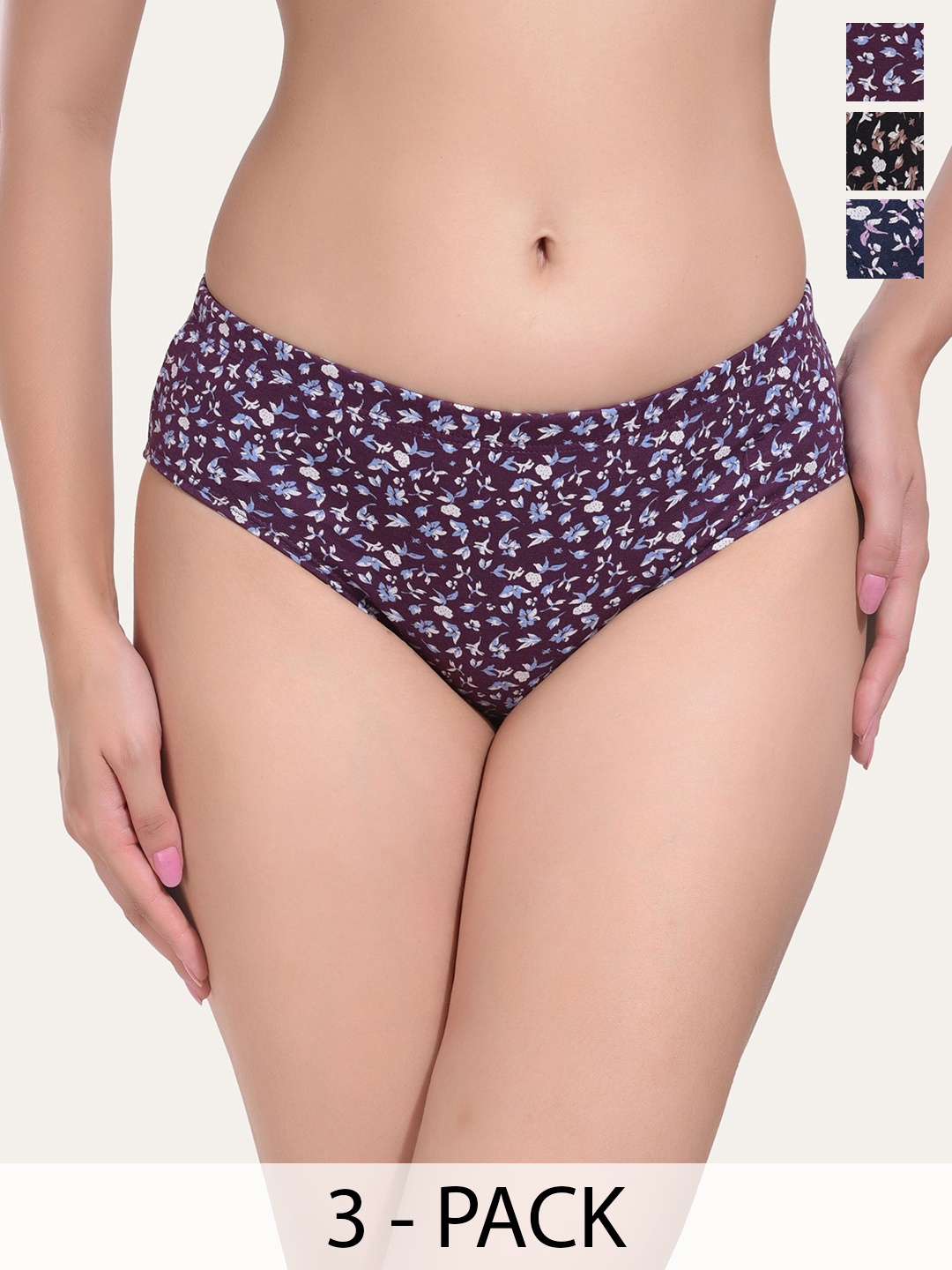 

CANNY FIT Women Pack Of 3 Printed Pure Cotton Low-Rise Hipster Briefs, Maroon