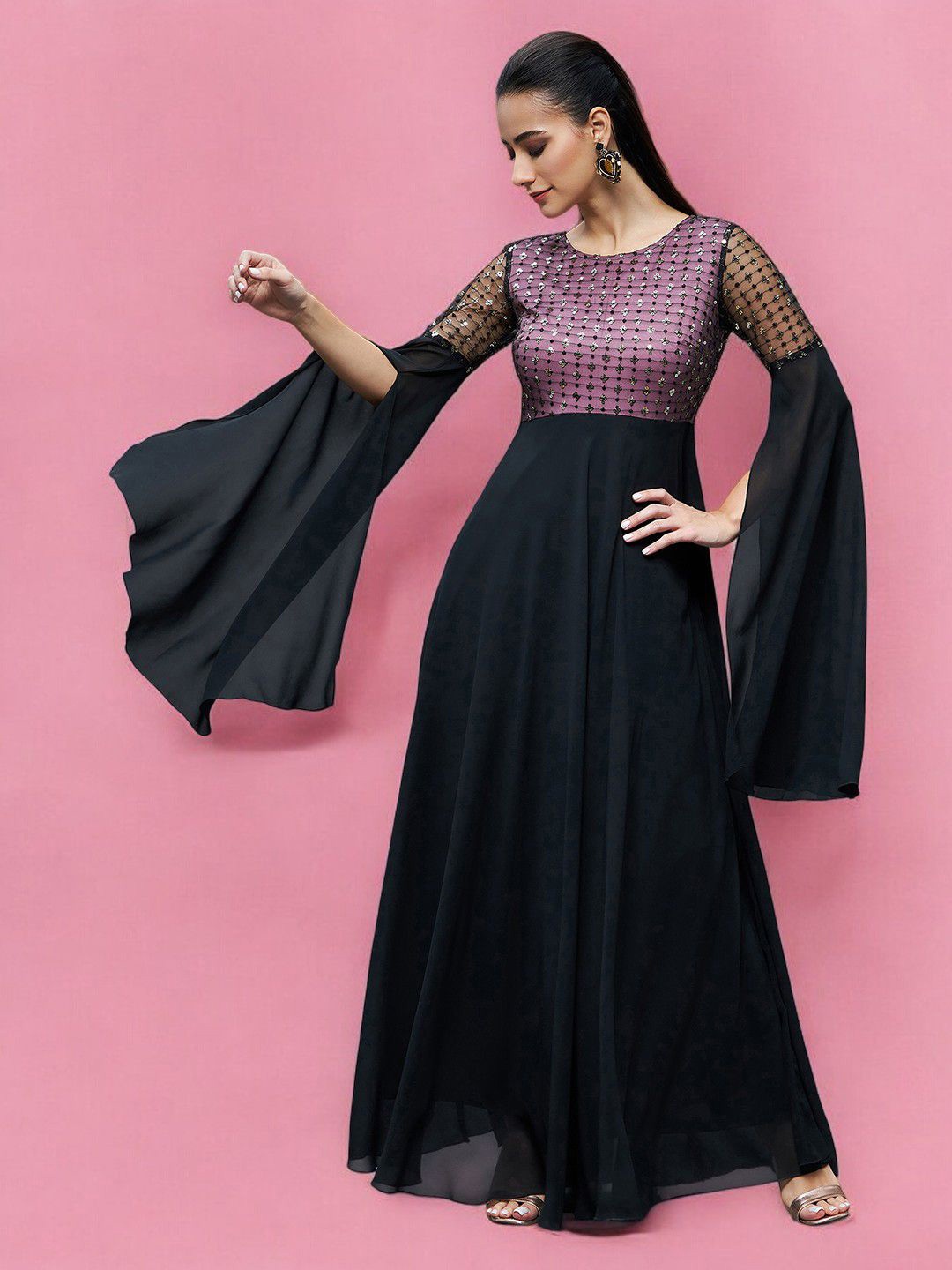 

DressBerry Women Relaxed Fit Maxi Georgette & Sequins Dress, Black