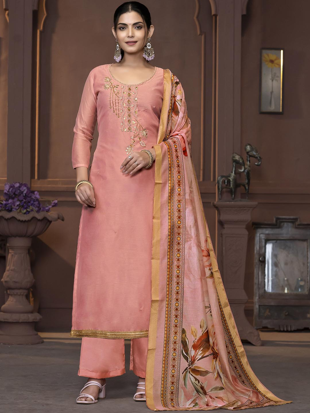 

MANVAA Beads and Stones Embellished Unstitched Dress Material, Peach