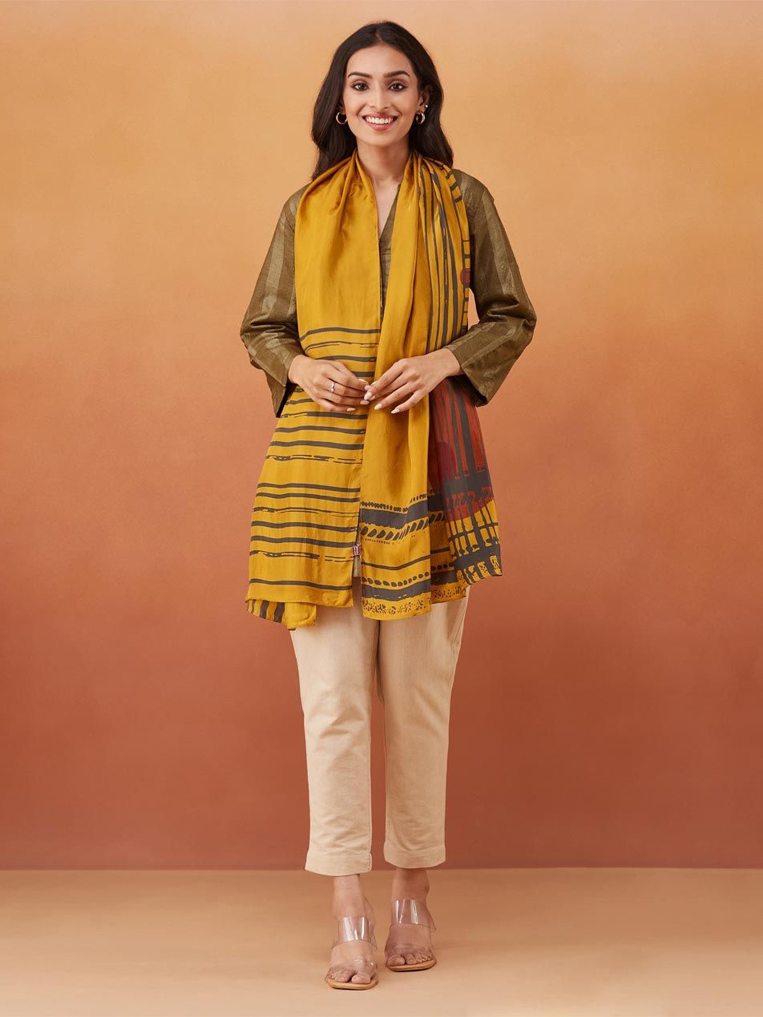 

Fabindia Women Printed Stole, Mustard