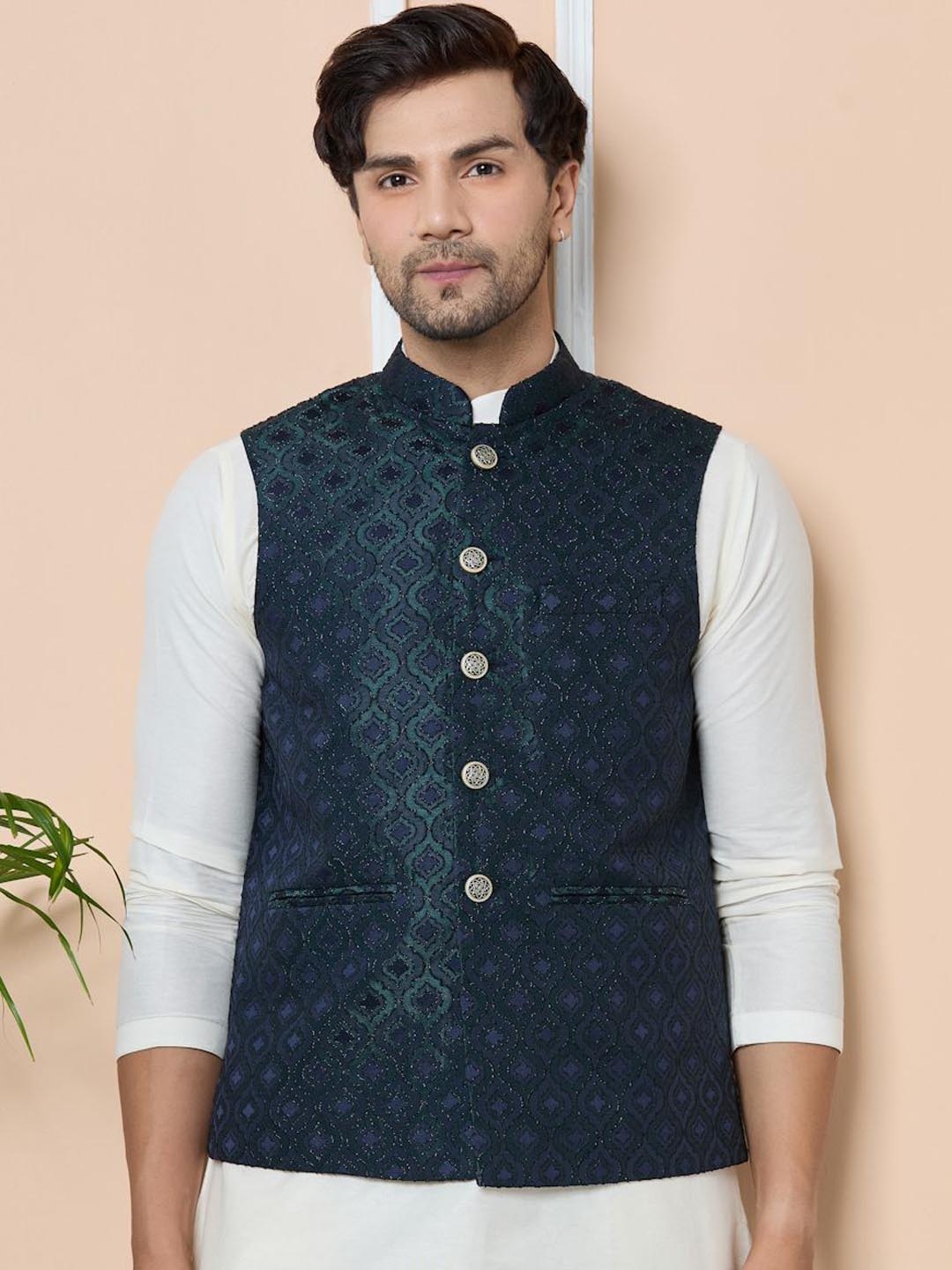 

See Designs Woven Design Nehru Jackets, Navy blue