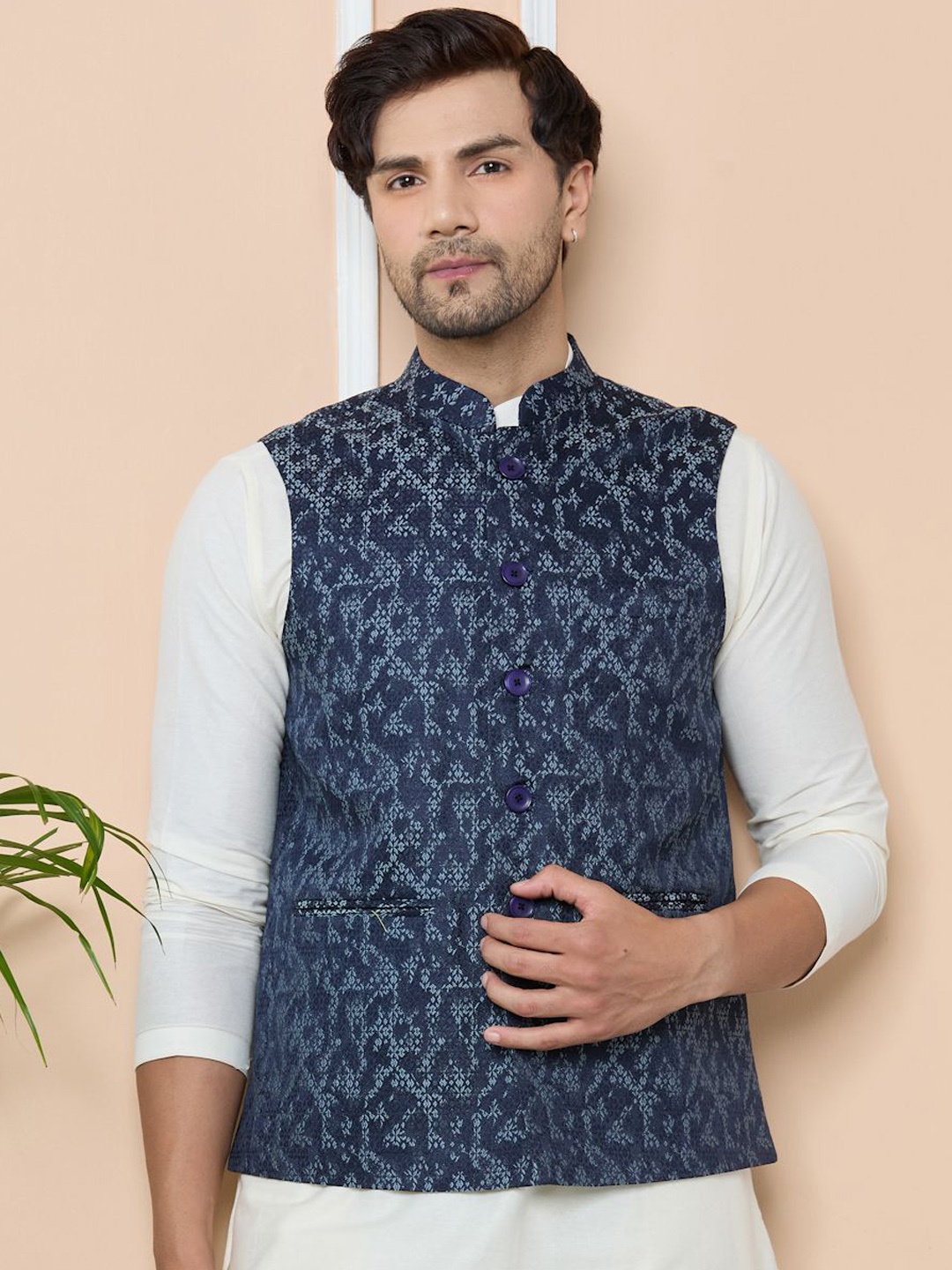 

See Designs Woven Design Mandarin Collar Neck Nehru Jacket, Navy blue