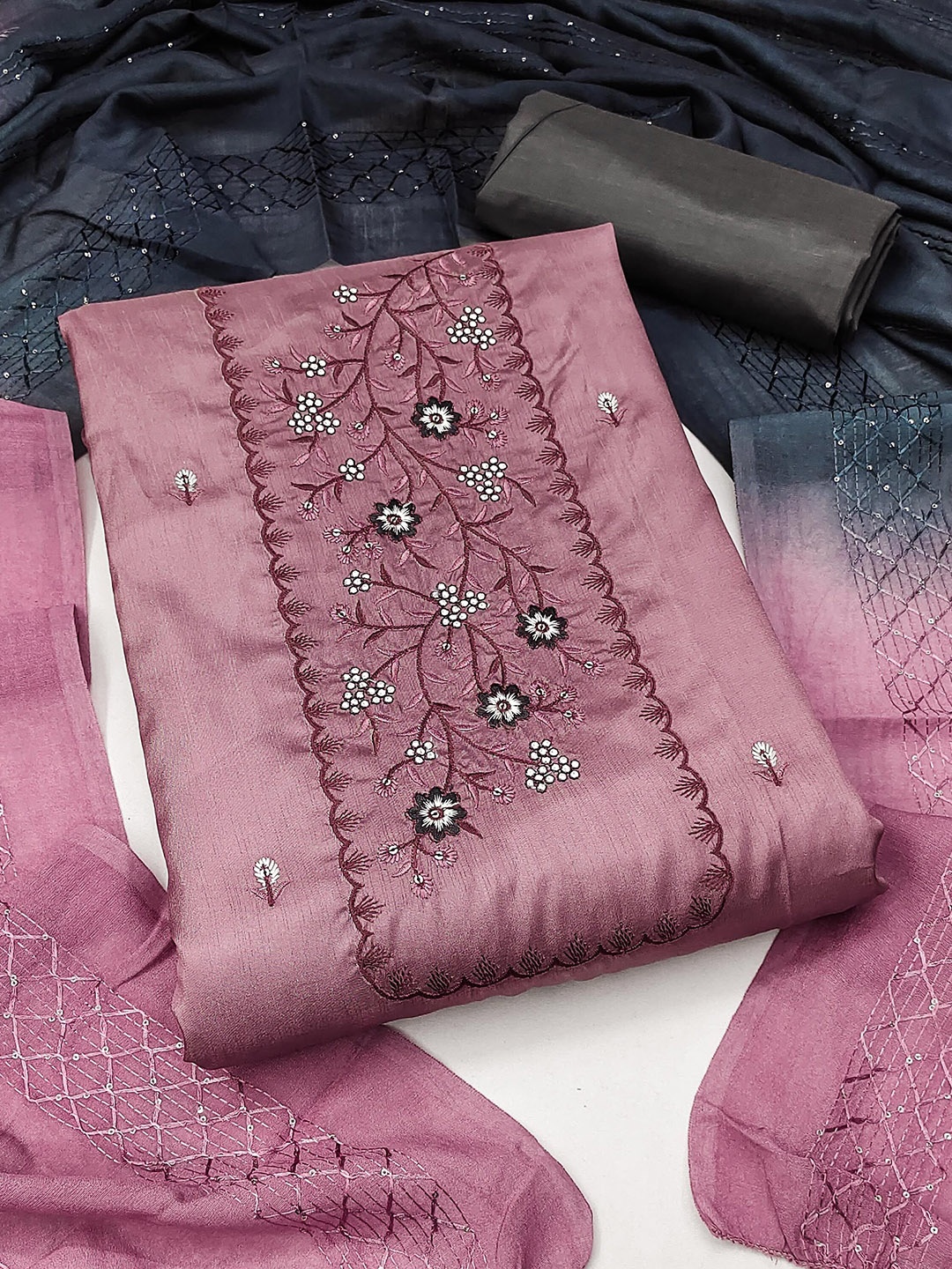 

KALINI Floral Embroidered Unstitched Dress Material, Pink