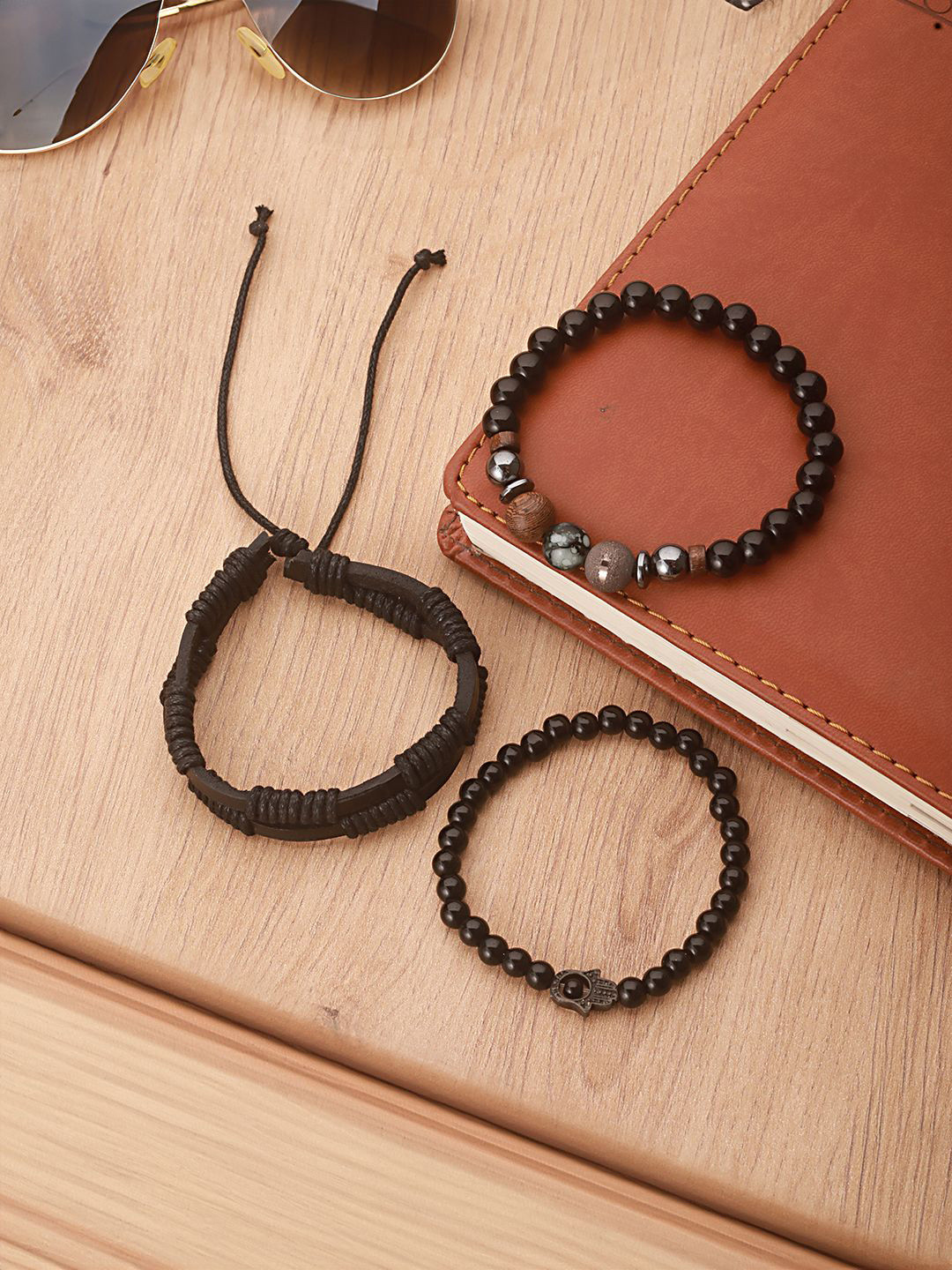 

Jazz and Sizzle Men Set Of 3 Beaded Brass Elasticated Bracelet, Black